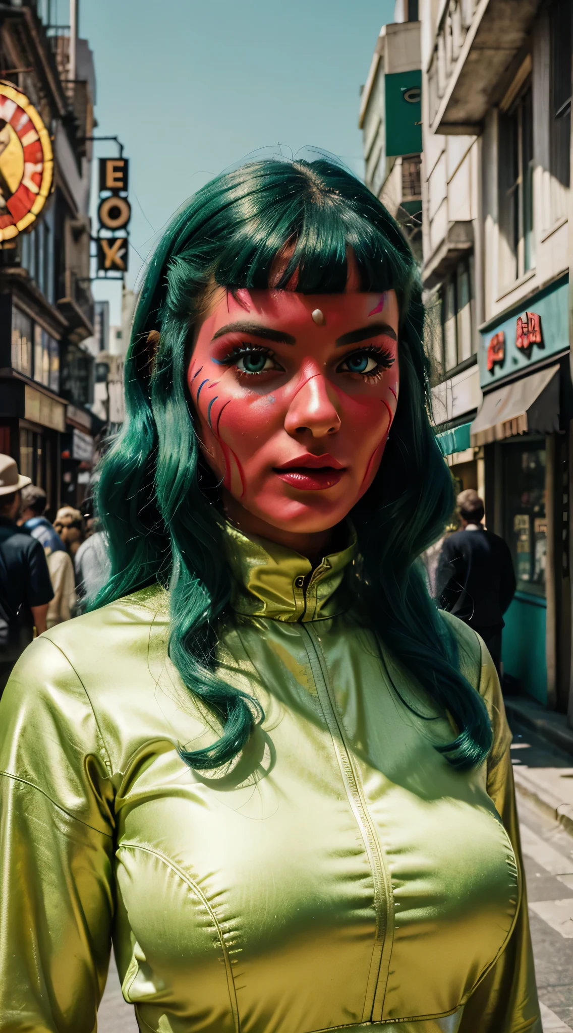8k portrait of a 1960s sci-fi film in pastel colors by Wes, uma linda mulher de 20 anos, olhos verdes claros e brilhantes, thick lips and big blood-red mouth, and There are people wearing estranho futurista masks and wearing clothes on the carnival street retro fashion extravaganzas and men and women wearing makeup antique ornaments city, luz natural, Psicodelia, estranho futurista, fotorrealista, hiper detalhado, sharp focus, intrinsic, Filmes Fuji 55mm,