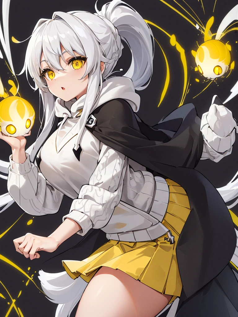 (best quality:1.2), (masterpiece:1.2), anthropomorphic spider, gray hair, (big long ponytail:1.2), yellow eyes, (white knit:1.4), (black hoodie:1.3), (yellow short skirt:1.3), clothed in thunder