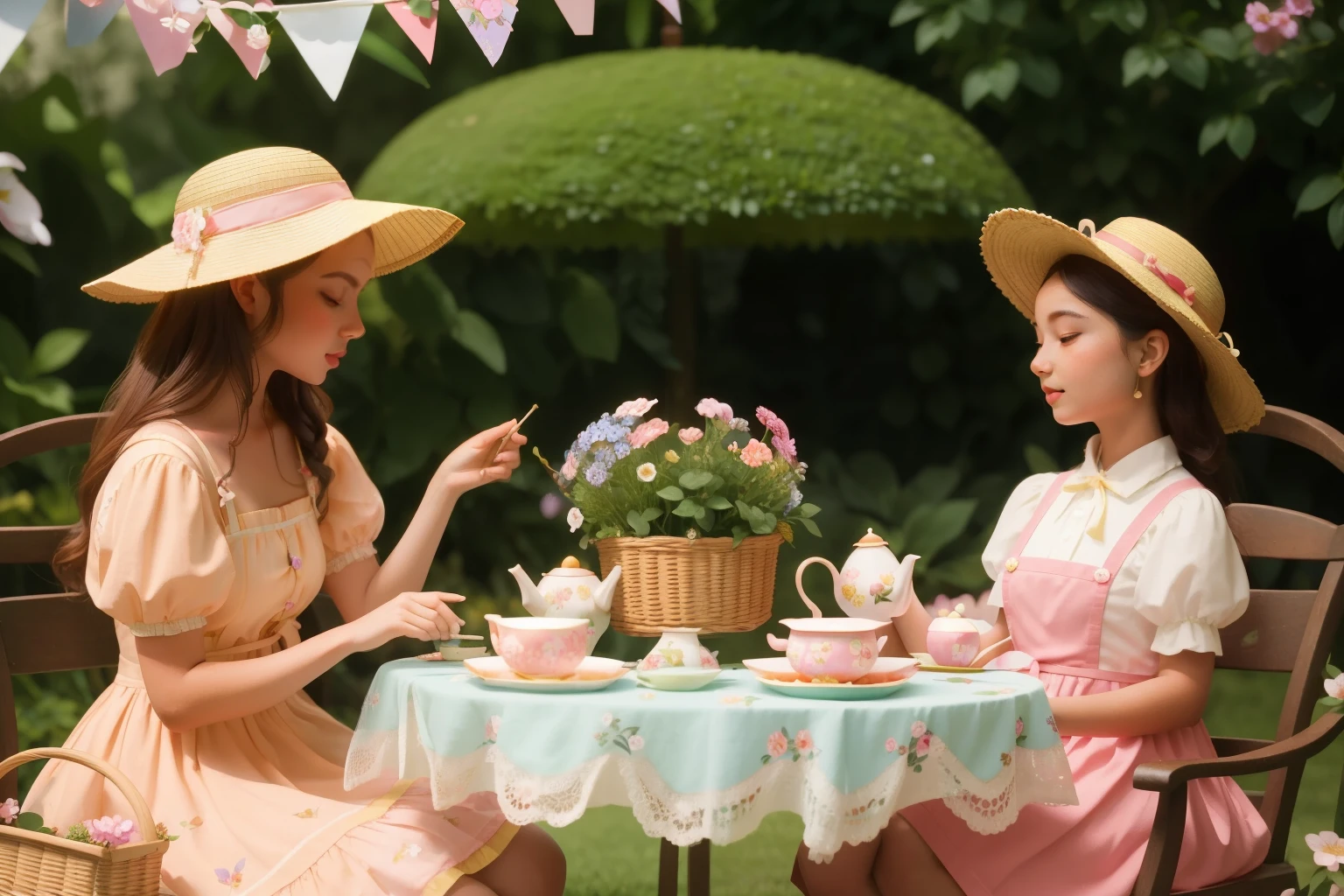 Secret Garden Tea Party: Craft an image of a young girl with a sun hat and a basket of flowers, hosting a tea party in a hidden garden filled with vibrant blooms. The girl wears a vintage-inspired dress, and the garden is accented with quaint statues and a bubbling fountain. The enchanting tea party should be painted in Wes Anderson's delightful color palette.