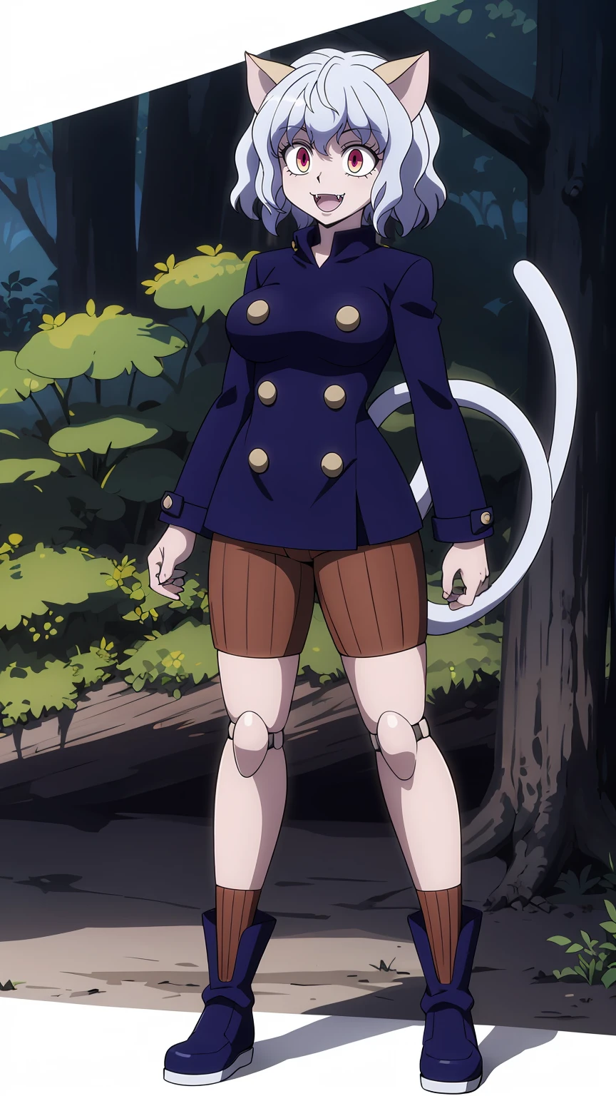 solo,open mouth,fangs,smile, Neferpitou,1girl,red eyes,cat ears, blue jacket,double-breasted, (nature:1.2),stading, full body, boots, huge breast, curvy, tall female,refsheet, cat tails,Neferpitou,1girl,red eyes,cat ears, blue jacket,double-breasted, (brown shorts:1.2),striped, brown socks,blue footwear, doll joints,(nature:1.2),solo,combat stance,lora:add_detail:1>,solo,open mouth,fangs,smile,