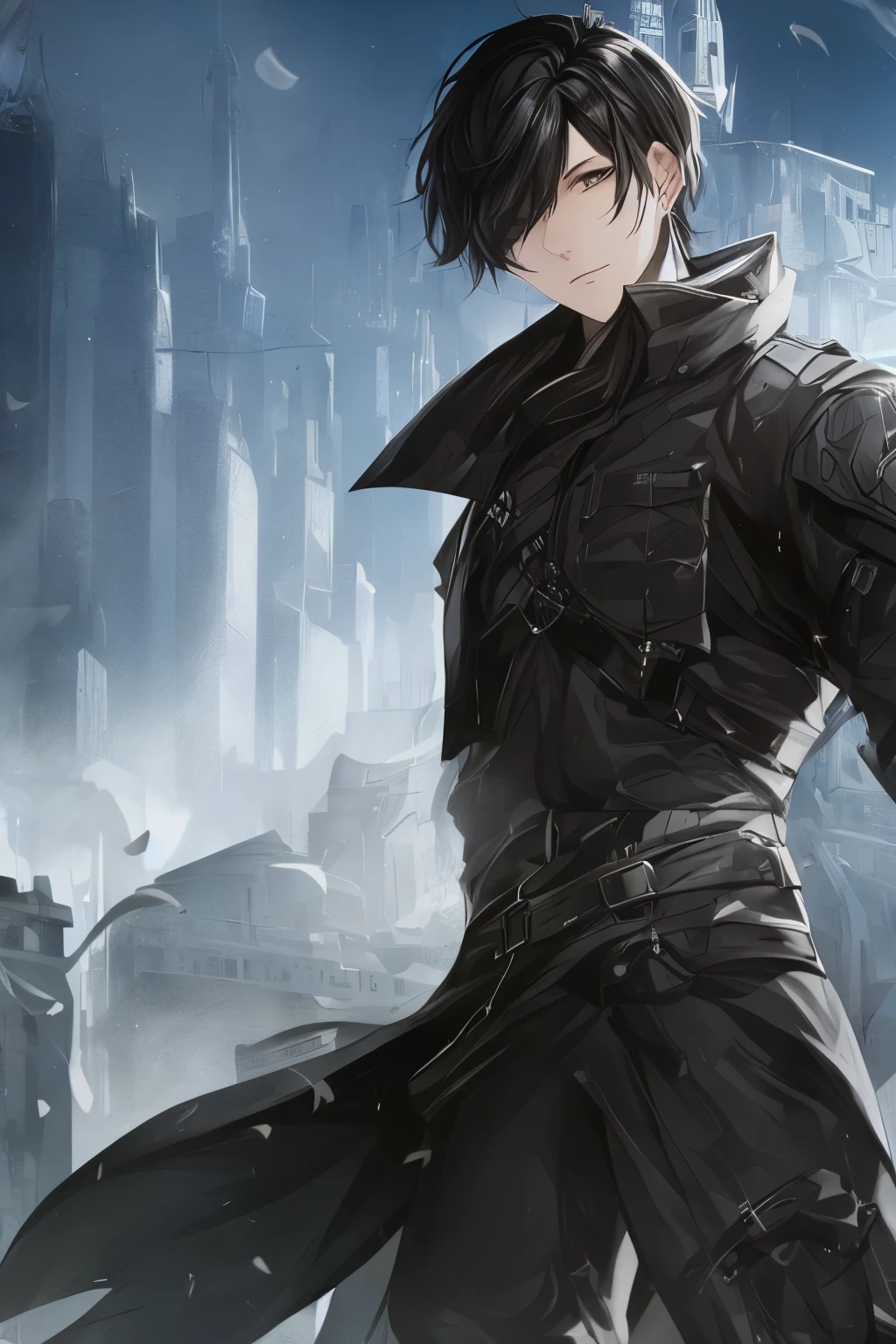 Anime - style image of a man in a black coat standing in front of the city, raymond swanlund style, epic sci-fi character art, cyberpunk assassin, Inspired by Raymond Swanlund, Mistborn Steel Inquisitor, Cyberpunk Batman, cyberpunk hero, Dressed in stealth armor, Epic sci-fi character art, Epic sci-fi character art, dark cyberpunk illustration