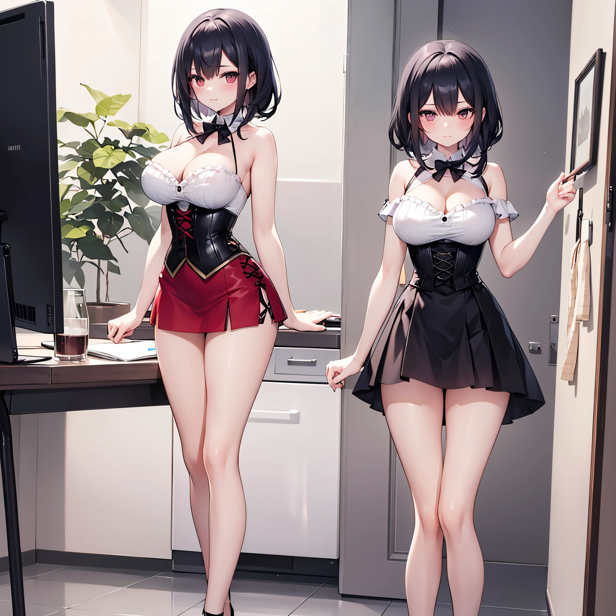 1 girl standing, wiry corset, inconceivably thin waist, very short miniskirt, legs apart, open legs, large breasts, cleavage