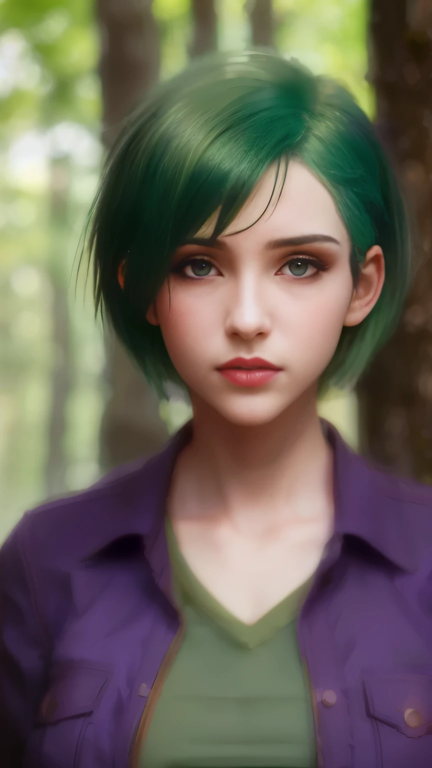 ratte867, 1 girl, One, (Forest green hair:1.2), Asymmetrical haircut, (purple clothes:1.2) masterpiece, Best quality, photorealistic, realistic, (RAW photo, 8K UHD, granularity), Caustic, Subsurface scattering