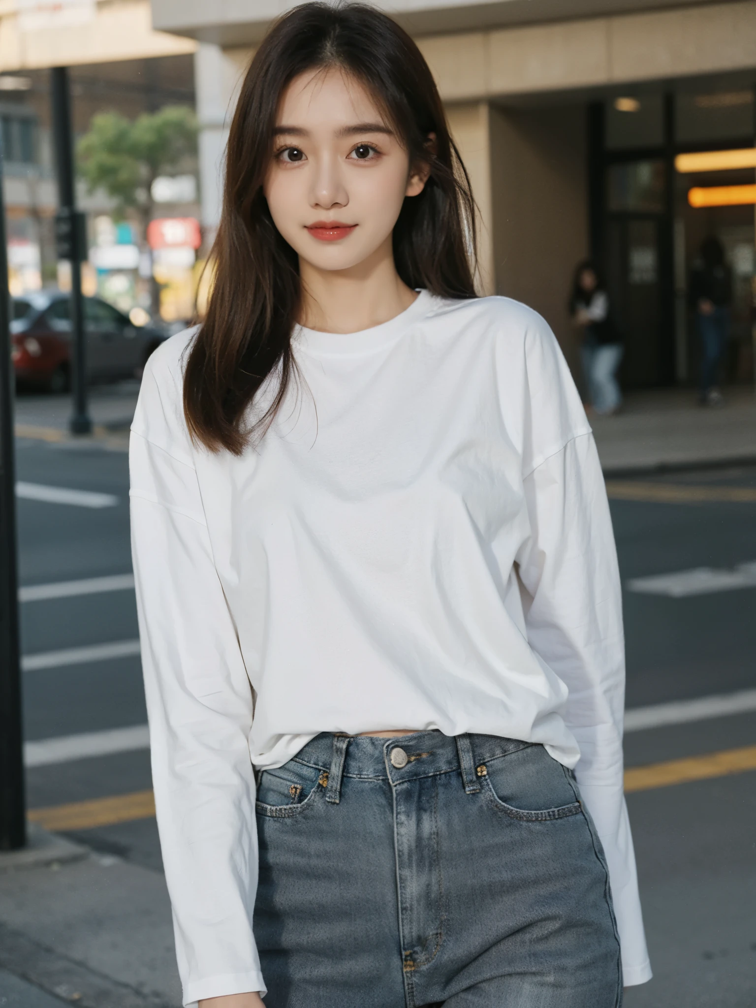 Woman wearing white t-shirt and jeans posing for photo,tight tshirt,tight white shirt,Nice white shirt, long sleeve t-shirt, business attire,round face,formal shot,on the street,medium,a 20 year old girl