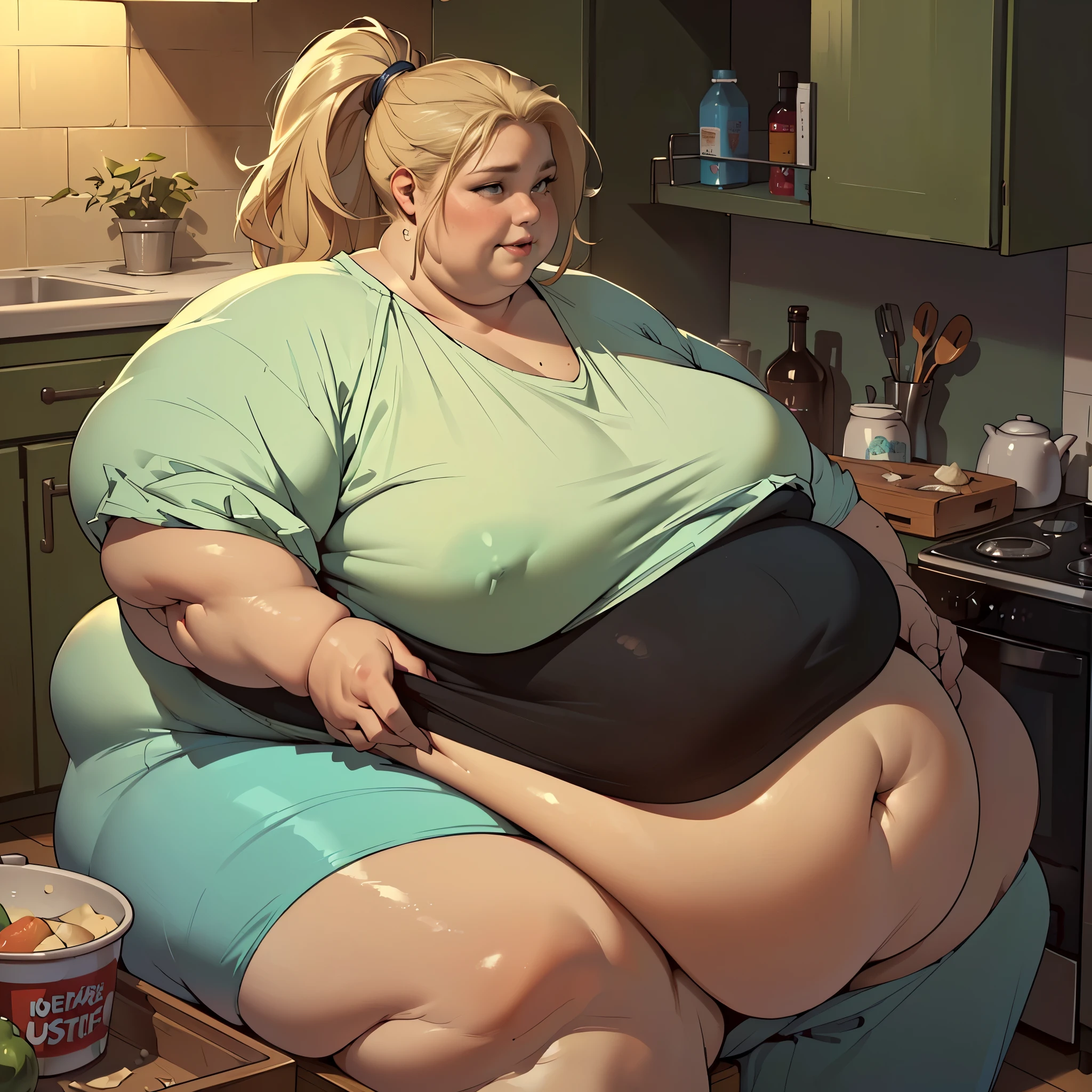 (masterpiece, bestquality, highres:1.5), realistic, 1woman, white woman, (USSBBW:1.4), (morbidly obese:1.4), (fatblob:1.4), (immobile), (detailed, beautiful face:1.4), fat belly, messy ponytail, blonde hair, pajamas, streched clothes, sultry expression, (gigantic belly:1.2), bottomheavy, kitchen, reaching into fridge, nighttime, sitting