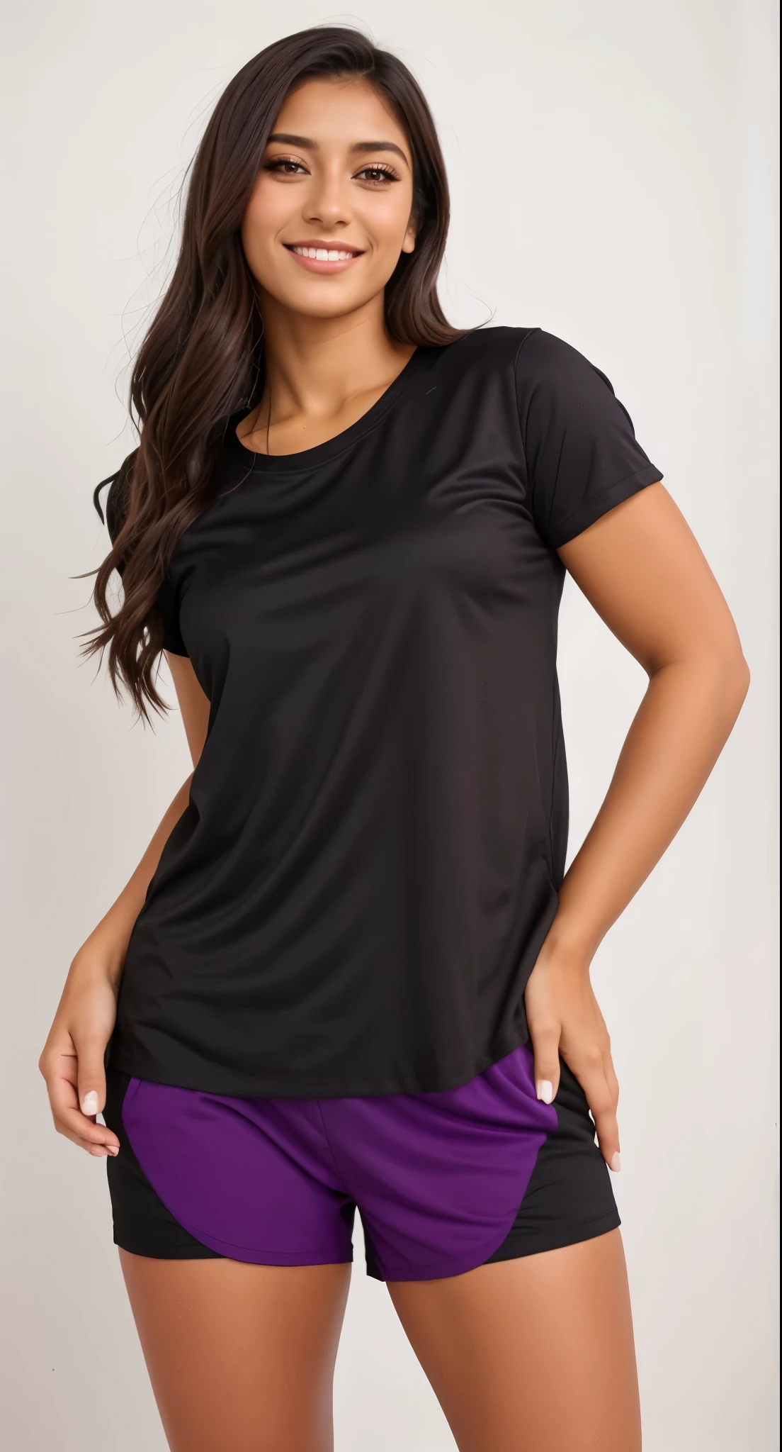 a woman in a Preto shirt and purple shorts posing for a picture, camisa de malha, mais tamanho, camiseta, manga curta, Preto top, camiseta esportiva, roupas esportivas, Preto t shirt, malika favre, Preto, roupas esportivas, wearing Preto tshirt, Preto shirt, brasileiro, tamanho grande, fernanda suarez, Onyx