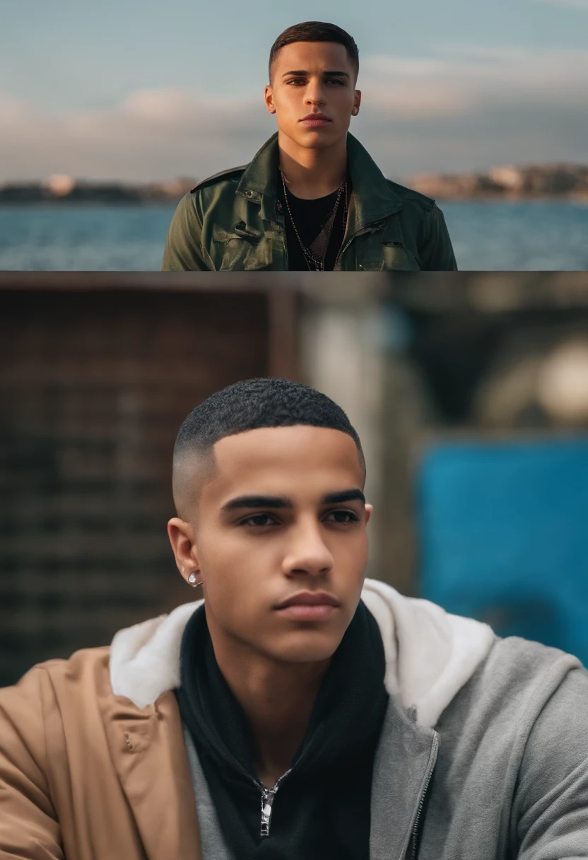 homem Um homem com um corte de cabelo estilo buzz cut ou militar com degrade, parecido com o de Eminem, Drake ou Miles Morales dos quadrinhos do Ultimate Spider-Man. hair color black, arafiado de camisa azul sentado em um carro olhando pela janela, taken in the early 2020s, andres rios, imagem de qualidade muito baixa, menino com rosto neutro, with a sad expression, tiradas no final dos anos 2000, Absorto em pensamentos, em torno de 1 9 anos, foto de perfil headshot, parecendo confuso