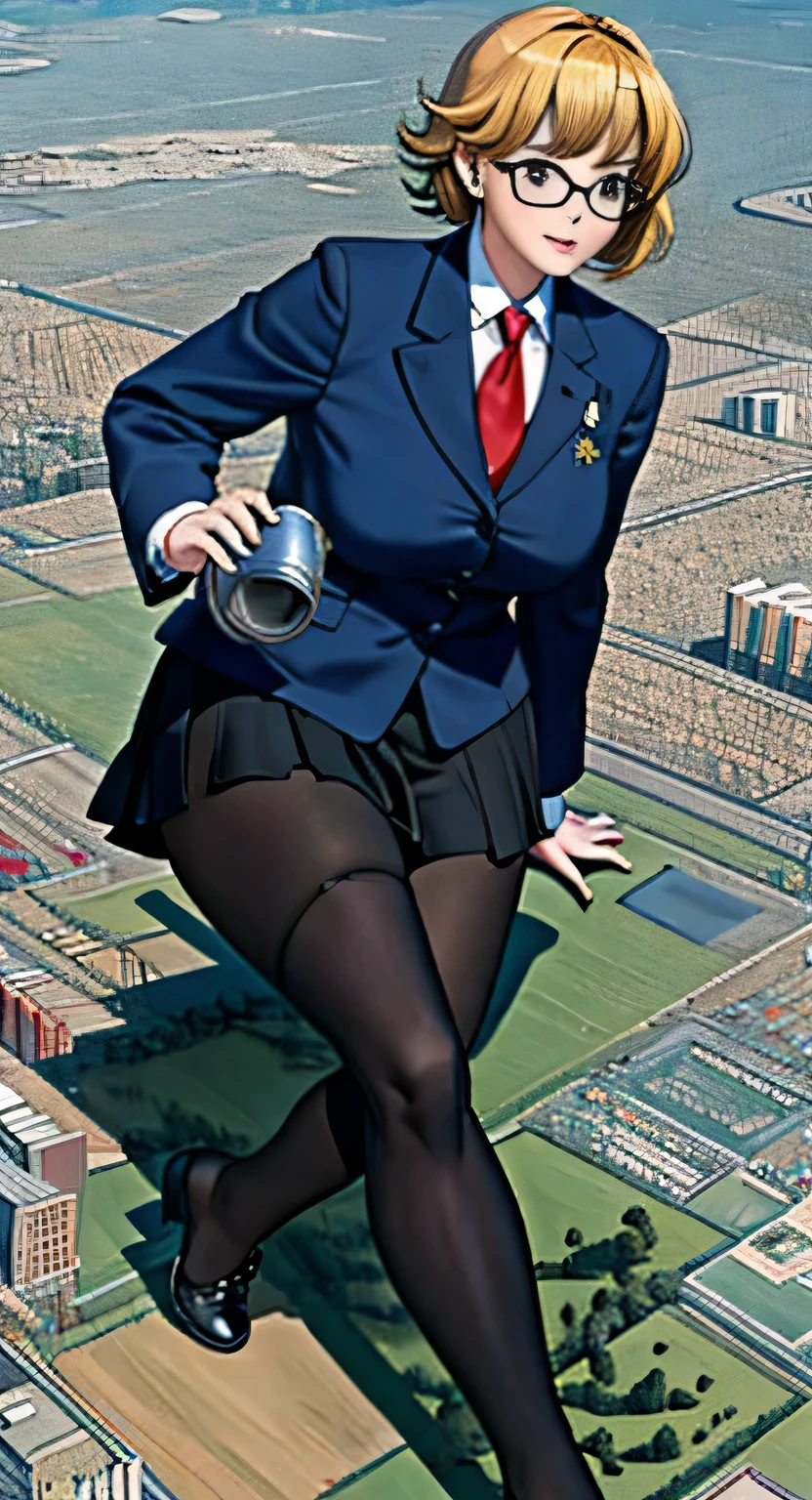 giantess art, surreal high school girl, 非常に詳細なGiantショット, Giant, short hair, A gigantic high school girl that's much bigger than a skyscraper, wearing rimless glasses, big breasts, big butt, Navy blue blazer, Red tie, mini length skirt, black pantyhose, I don't wear shoes., miniature metropolis, I'm playing with capturing very small aircraft carriers and battleships., gts, giga giantess, giantess, crash WarPlane, tiny WarPlane, micro WarPlane,