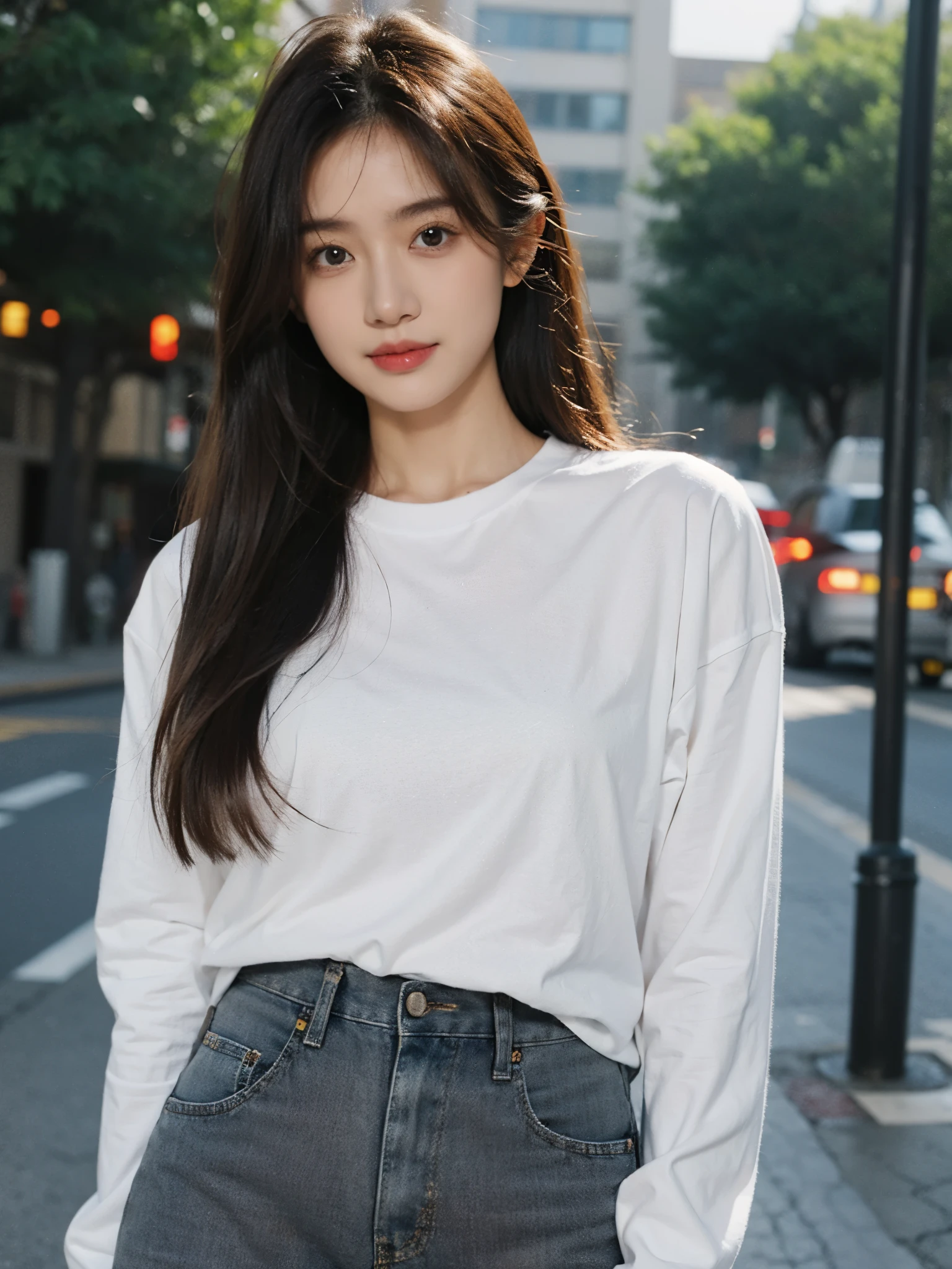 woman wearing white t-shirt and jeans，tight tshirt，tight white shirt，Nice white shirt, long sleeve t-shirt, business attire，round face，formal shot，on the street，medium，a 20 year old girl，model photos