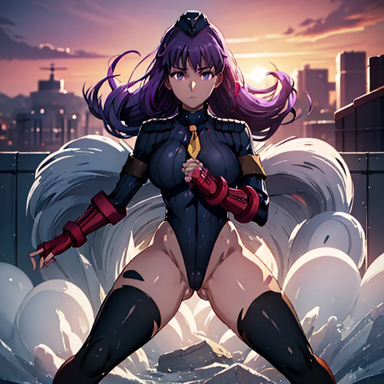 ultra-detailed, Explicit, Beautiful body, Beautiful Nose, Beautiful character design, perfect eyes, perfect face, ultra highres, 4K, beautiful legs, perfect legs, perfect anatomy, Nice hands, Perfect hand, Masterpiece, Best Quality, Highly detailed, illustration, absurdres, street fighter, doll suit, shadaloo doll, dollsuit, expressionless, blank eyes, looking at viewer, red gloves, emotionless, black latex, corrution, mind control, female combatant, full body, hypnotized, unhappy trance, full body suit, ribbed bodysuit, both arms at side, obey, perfect female body, extremely glossy latex, hypnosis, hypnoLora, empty eyes, Mind control device, poses, submissive_pose, Slave, hat, necktie, stand up straight, standing, standing at attention, hat, necktie, belt, latex, ribbed bodysuit, thighhighs, Fighting Stance, military, thigh boots, 1girl, solo, Matou Sakura, Fate Stay Night [UFOTABLE], purpke hair, purple eyes, long hair