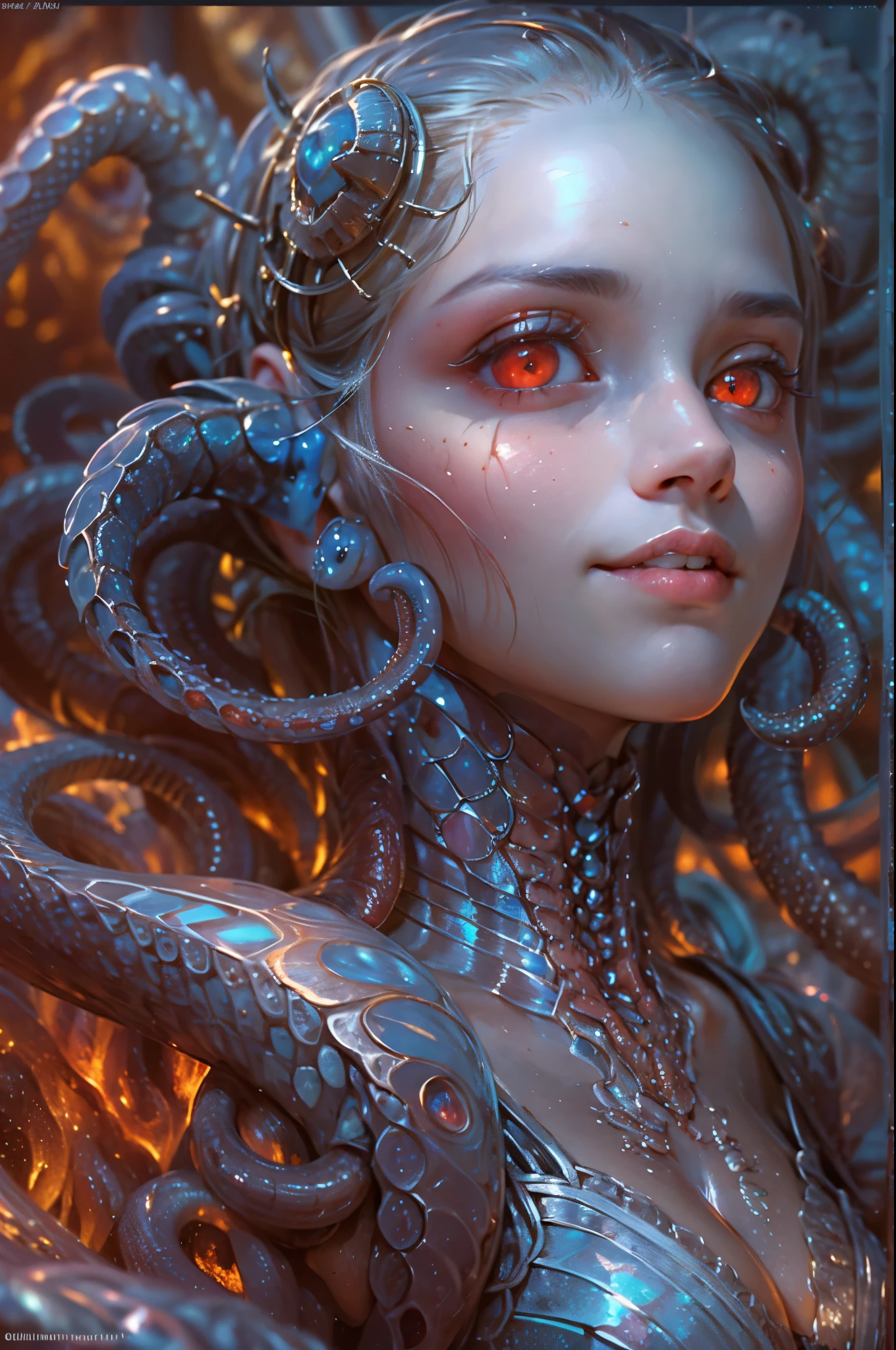 Portrait, (beautiful female alien:1.2), (she has red eyes with no pupils:1.8), (Translucent skin:1.7), (There is a female genital-like organ in the middle of the forehead:1.9), (The most beautiful face in the history of the universe:1.2),an evil gaze that seduces, (large mouth:1.1), (sharp teeth like a vampire:1.2), Full body portrait, (bio luminescent:1.5), (Smile wickedly:1.3), (sexypose:1.5), alien, No humans, cells are fused, (Lots of translucent tentacles:1.3) extraterrestrial, cell, bio image, best quality, 8K,In 4K_quality, High freshness, Dramatic Lighting, masutepiece:1.5,cinematic quality, detail up, (exquisite details:1.2), high resolution, High freshness, drawing faithfully, (Thick eyebrows:1.2), Beautiful eyes with fine symmetry,(Highly detailed face and eyes:1.2), Intimate face, (Super detailed skin quality feeling:1.4), perfect anatomy, (Beautiful toned body:1.5), (Moist skin:1.2), not wearing makeup, (dark circles:1.1), long canines, cinematic drawing of characters, ultra high quality model, cinematic quality, detail up, (exquisite details:1.2), high resolution, High freshness, drawing faithfully, official art, Unity 8K Wall , 8K Portrait, best quality, Very high resolution, ultra detailed artistic photography, midnight aura, unreal engine 5, Ultra Sharp Focus, art by alberto seveso, ArtGerm, Roisch, intricate artwork, best quality, masterpiece, ultra high resolution, (photos realistic:1.4), ultra realistic realism, dream-like, nautilus, Creation of fantasy, Snail, Dream Snail, (biopunk nautilus:1.3),Thrilling color schemes, ultra realistic realism, seductively smiling, Blue tentacles,