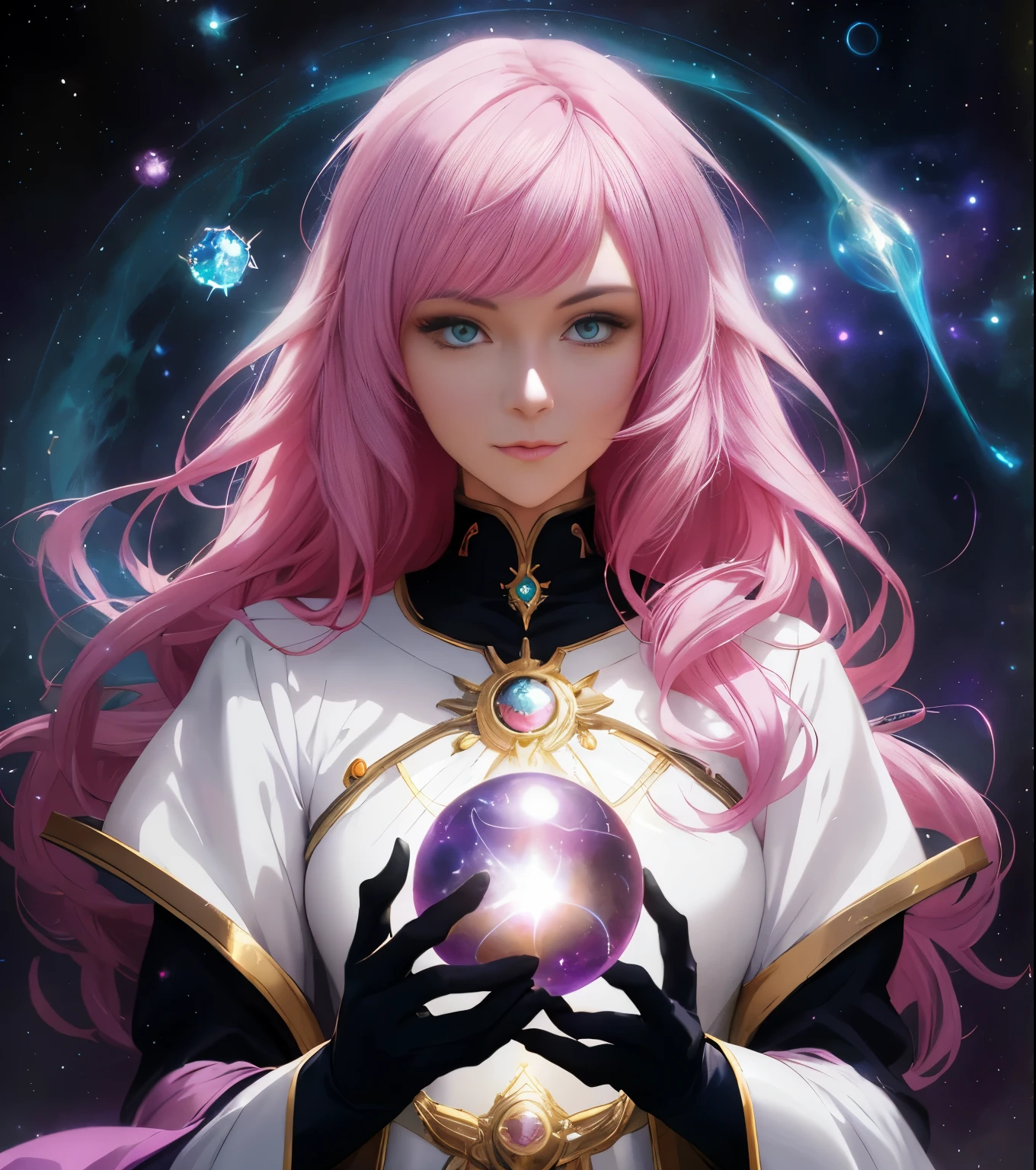 a close up of a woman holding a crystal ball in her hands, anime girl with cosmic hair, in the art style of bowater, neoartcore and charlie bowater, beautiful celestial mage, portrait knights of zodiac girl, anime fantasy illustration, fantasy art style, beeple and jeremiah ketner, anime in fantasy style, artgerm and tom bagshaw