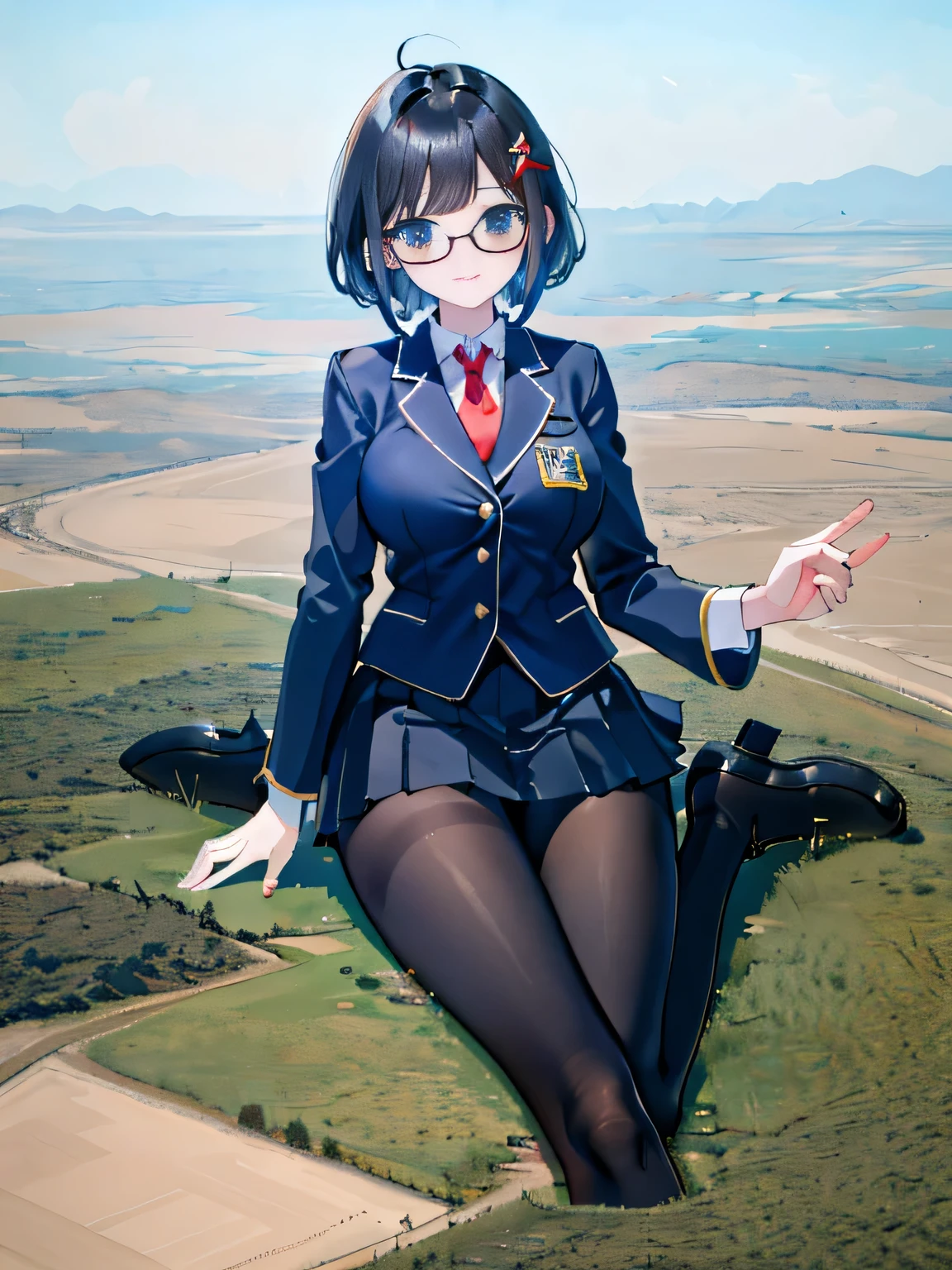 giantess art, surreal high school girl, 非常に詳細なGiantショット, Giant, short hair, A gigantic high school girl that&#39;s much bigger than a skyscraper, wearing rimless glasses, big breasts, big butt, Navy blue blazer, Red tie, mini length skirt, black pantyhose, I don't wear shoes., miniature metropolis, I&#39;m playing with capturing very small aircraft carriers and battleships., gts, giga giantess, giantess, crash WarPlane, tiny WarPlane, micro WarPlane,