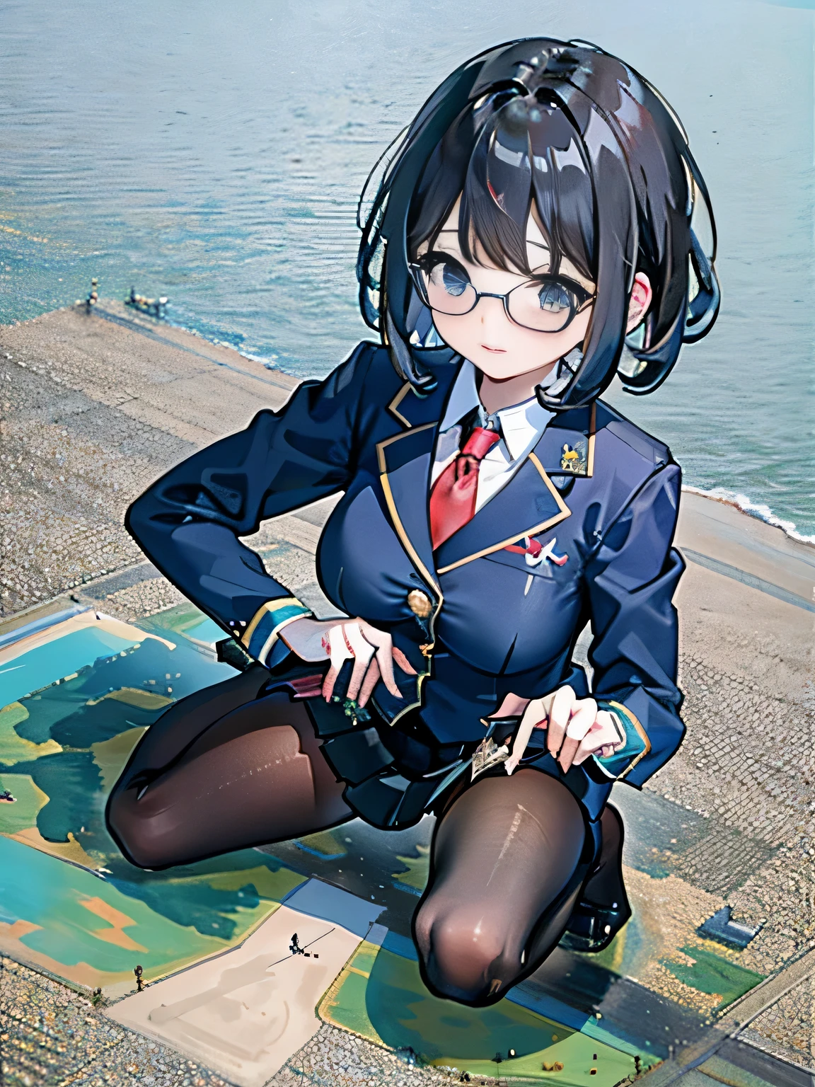 giantess art, surreal high school girl, 非常に詳細なGiantショット, Giant, short hair, A gigantic high school girl that&#39;s much bigger than a skyscraper, wearing rimless glasses, big breasts, big butt, Navy blue blazer, Red tie, mini length skirt, black pantyhose, I don't wear shoes., miniature metropolis, I&#39;m playing with capturing very small aircraft carriers and battleships., gts, giga giantess, giantess, crash WarPlane, tiny WarPlane, micro WarPlane,