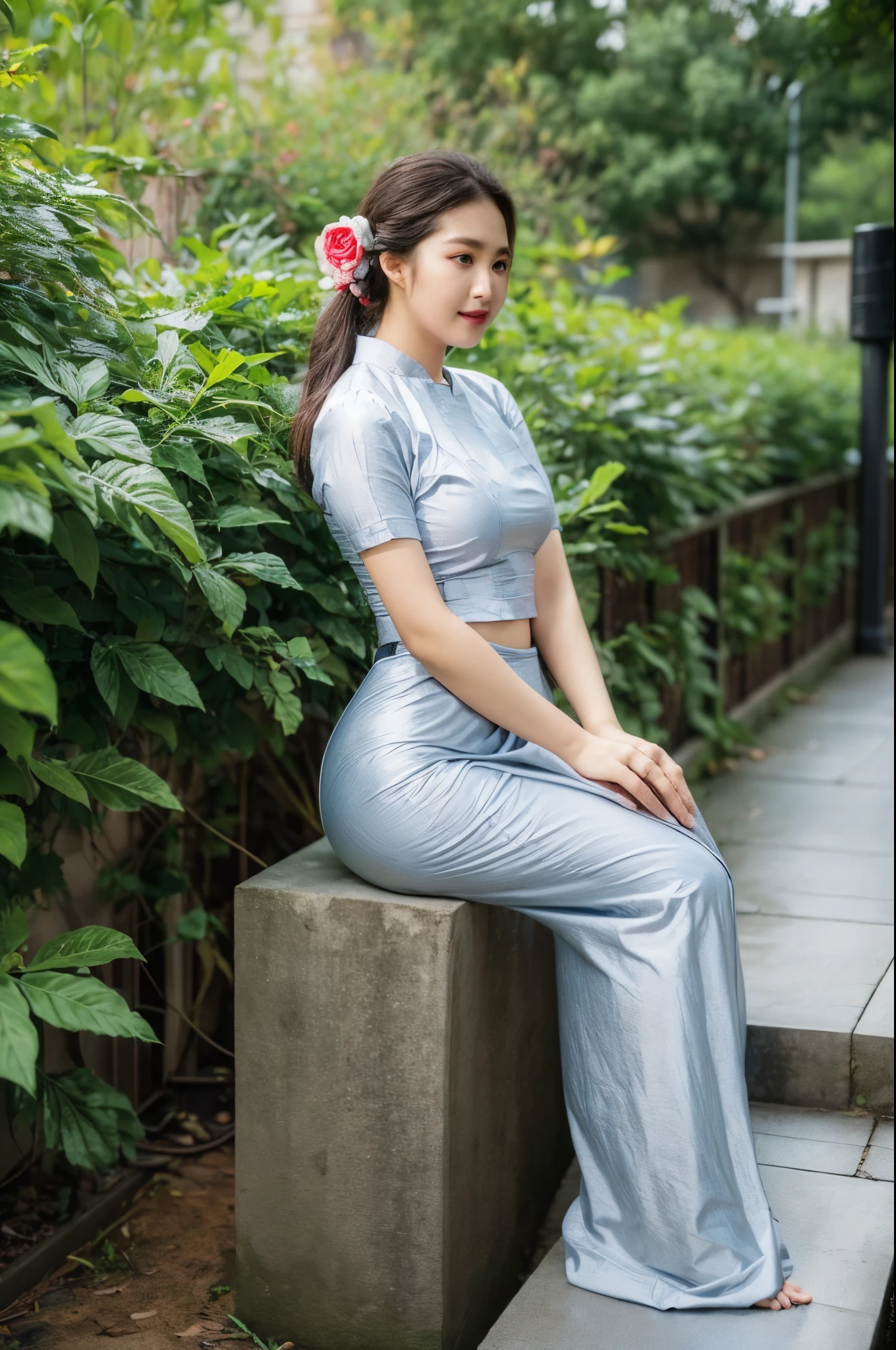 Asian woman in a skirt and white shirt sitting on steps, Beautiful Body, traditional beauty, wearing beautiful clothes, traditional dress, acmm ss outfit, acmm long skirt, wearing acmm top, very attractive and beautiful, with lovely look, traditional clothes, very beautiful enga style