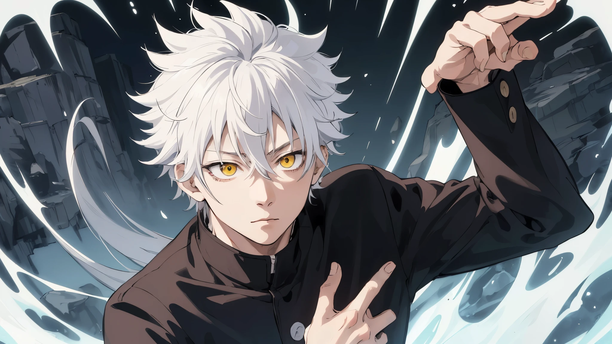 Masterpiece, 4k, SOLO, 1boy, anime style, jujutsu kaisen style, mature, unique hairstyle, long fluffy white hair, yellow eyes, ice powers, pfp photo, focus on face, tired look, eye bags