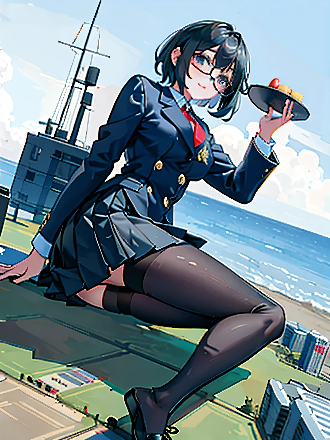 giantess art, surreal high school girl, 非常に詳細なGiantショット, Giant, short hair, A gigantic high school girl that&#39;s much bigger than a skyscraper, wearing rimless glasses, big breasts, big butt, Navy blue blazer, Red tie, mini length skirt, black pantyhose, I don't wear shoes., miniature metropolis, I&#39;m playing with capturing very small aircraft carriers and battleships., gts, giga giantess, giantess, crash ighter jet, tiny ighter jet, micro ighter jet,