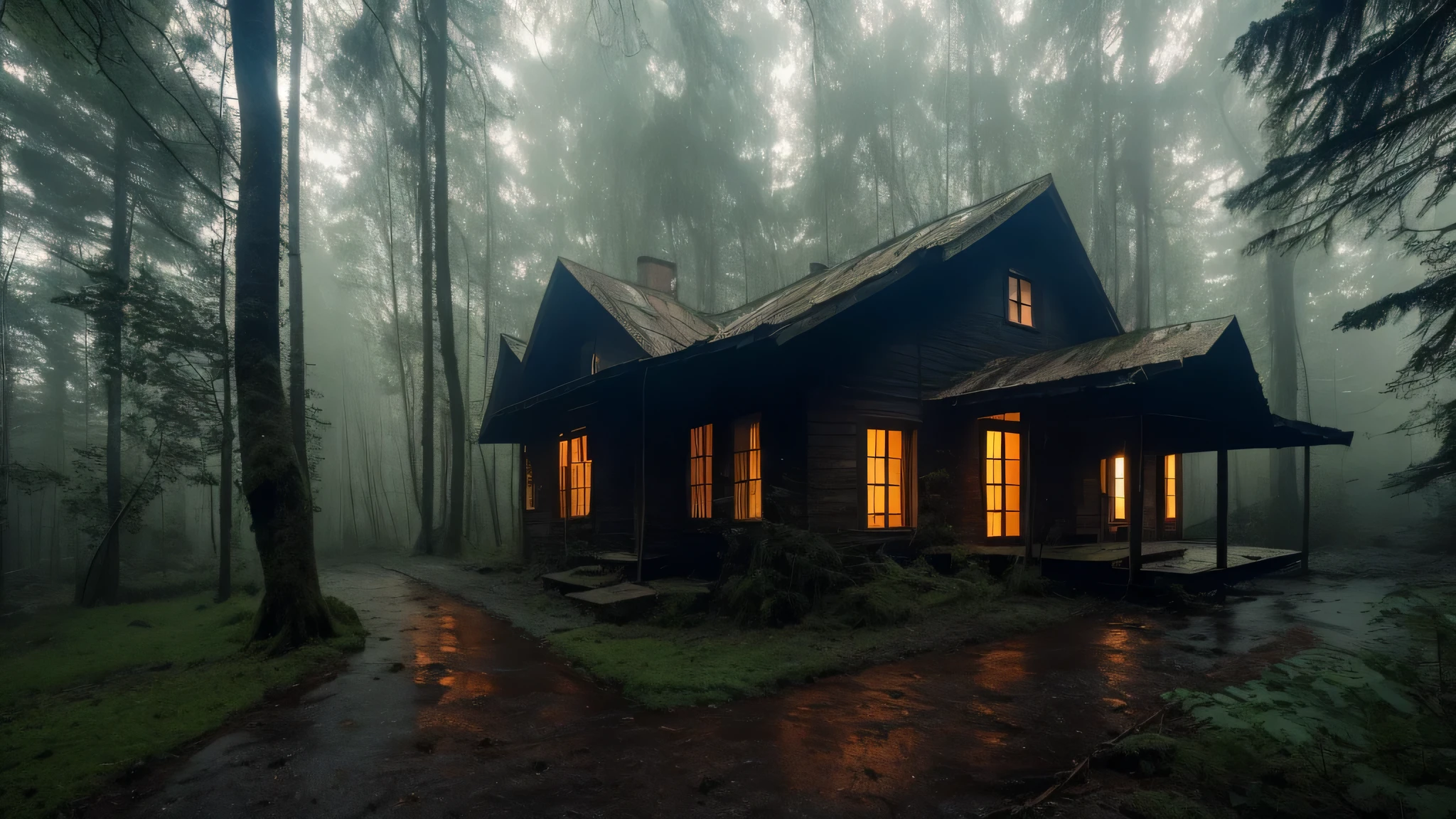 old house in the forest, rain, dark, inspired stefan koidl, bussiere rutkowski andreas rocha, by maxim verehin, inspired by maxim verehin, inspired by Tomasz Jedruszek, dark cinematic concept art, eerie nostalgic concept art, inspired by Igor Kieryluk, inspired by Ismail Inceoglu