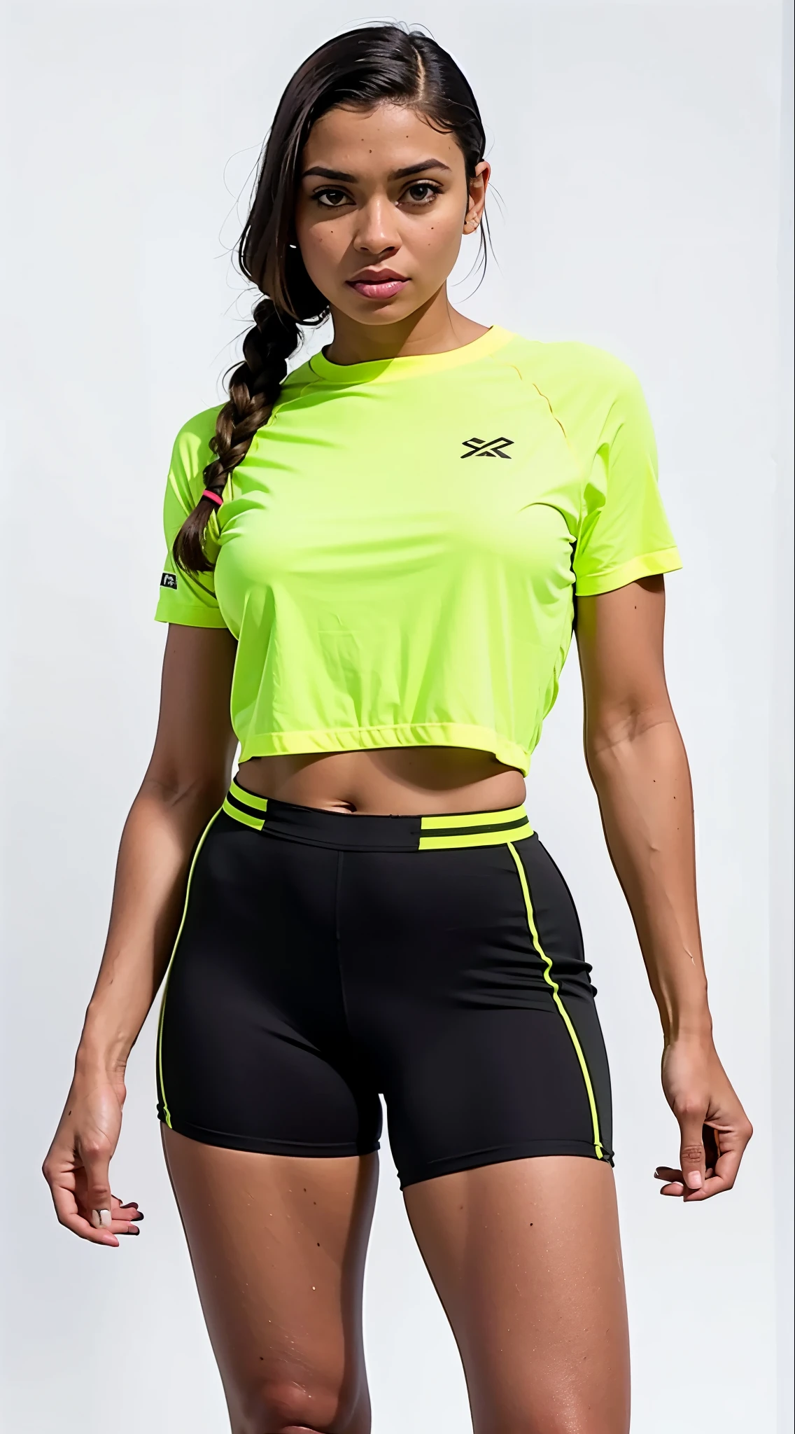 a woman in a yellow corte superior and black shorts, corte superior, wearing yellow topo de colheita, com camiseta rasgada, topo de colheita, vestindo um top cortados, neon vibrations, usando um top cropped sexy, (neon colors), vestindo um top cortado, wearing corte superior, Bra and sports shirt, bordas neon na parte inferior do corpo, short shirt and strong abdomen