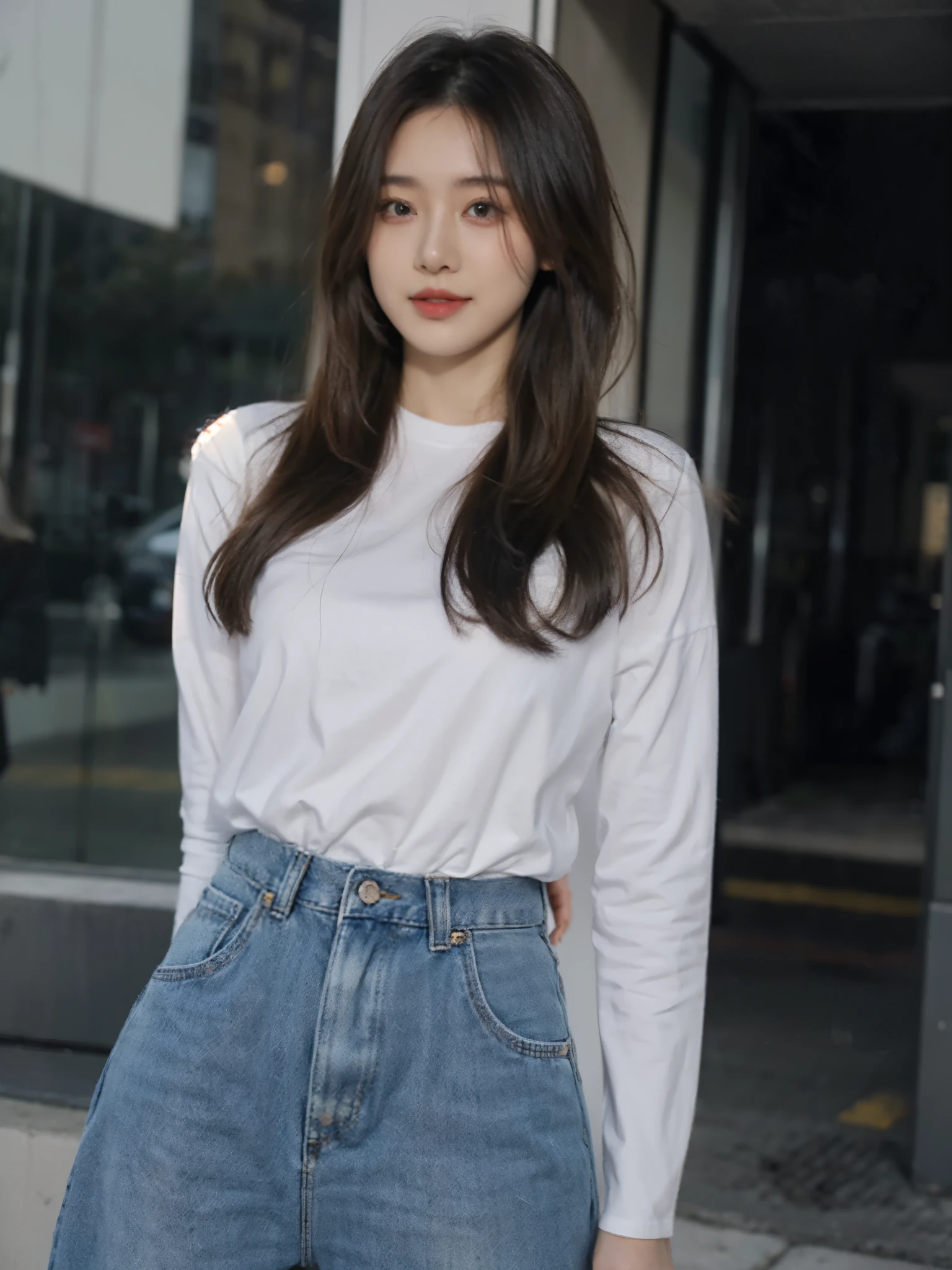 A young girl，Very detailed CG unity 8k wallpaper，（杰作），（best qualitiy），（Ultra detailded），（ultra realistis），ripped jeans，sexy for，The waist-hip part ratio is 0.8，Beautiful and decent，Accompanied by a background street scene，It looks particularly calm and dignified。