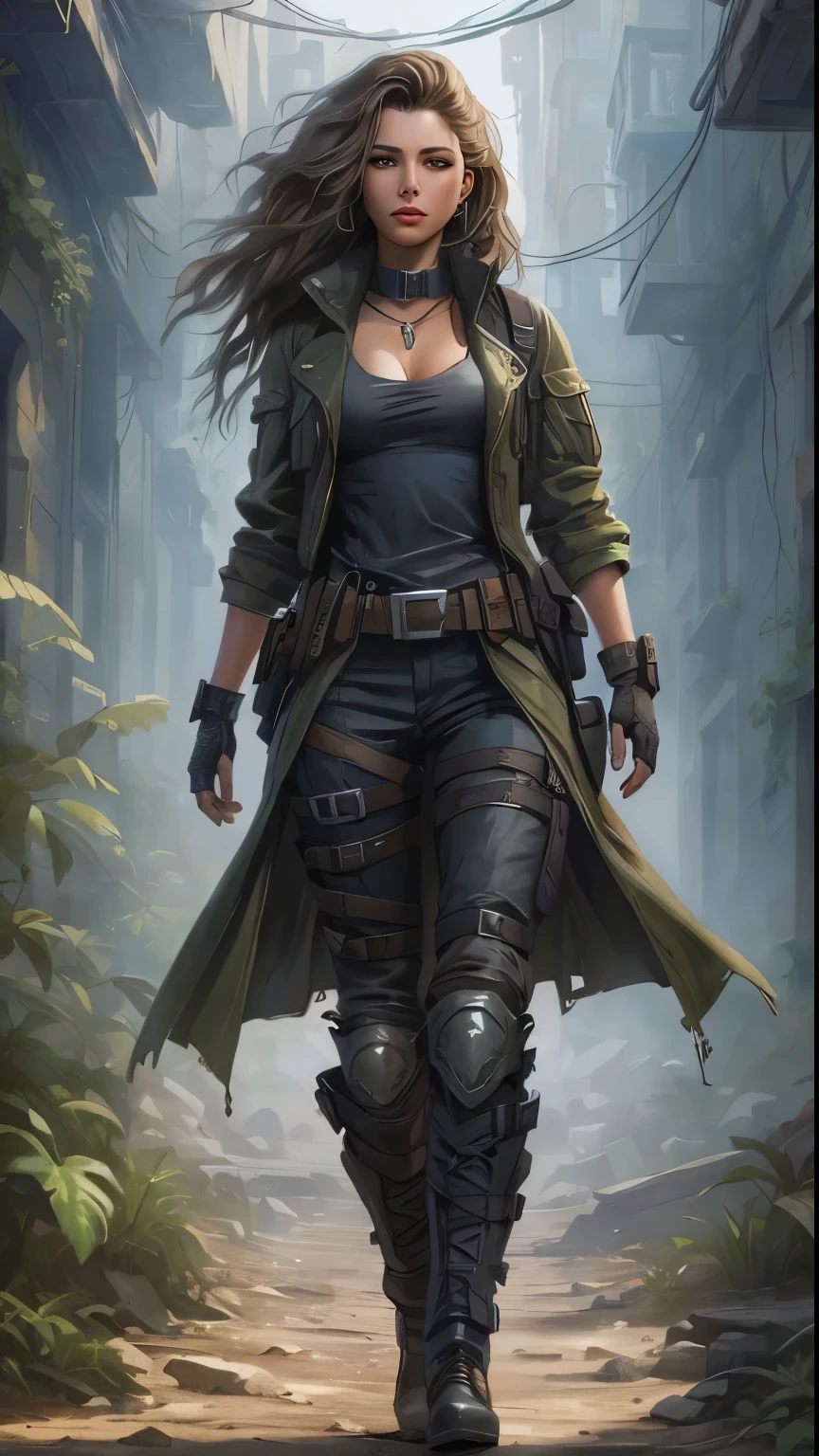 NSFW arafa woman in green coat and black pants walking down a street, graphic artist Magali Villeneuve, post-apocalyptic explorer, estilo de Raymond Swanland, lady huntress of the forest, epic sci-fi character art, assassina feminina, arte de personagem impressionante, epic sci-fi character art, epic sci-fi character art, retrato de mulher ladina, arte de personagem de RPG