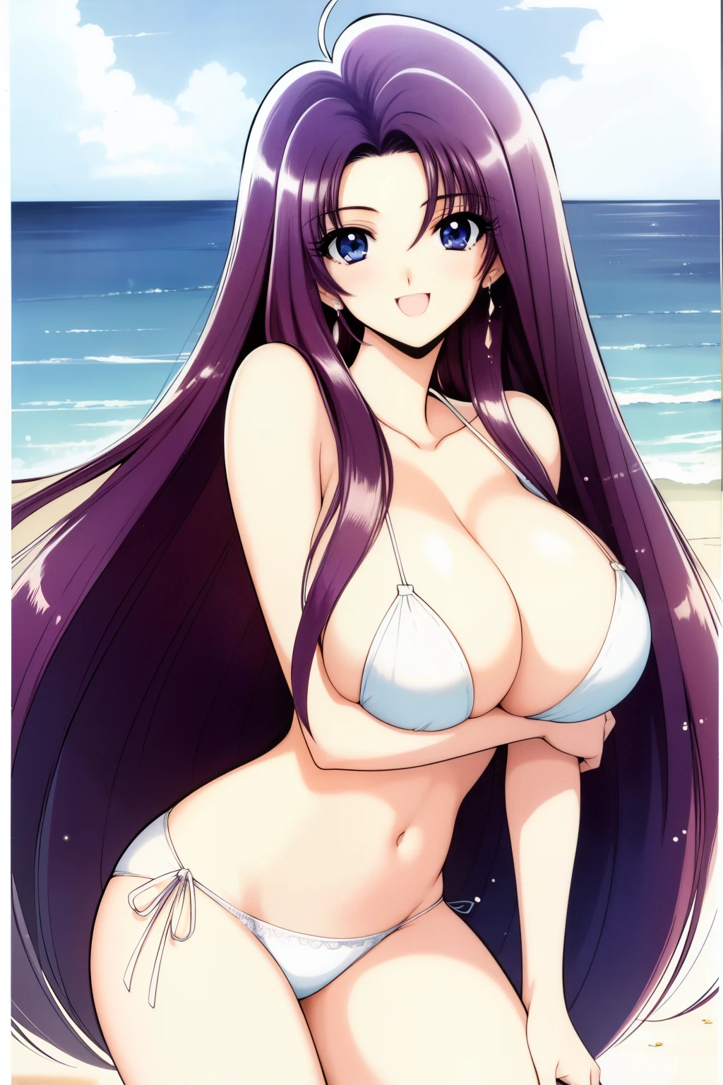 1990s \(style\), 1990s anime cels style, best quality, high resolution, (big eyes:1.2), 1girl, blush, embarrassed, smile, (huge breasts:1.2), long hair, blue eyes, purple hair, white micro bikini, cowboy shot, beach