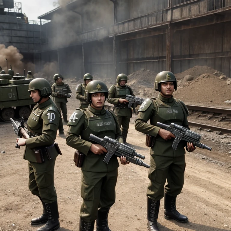 An army commander, with his army team behind him.