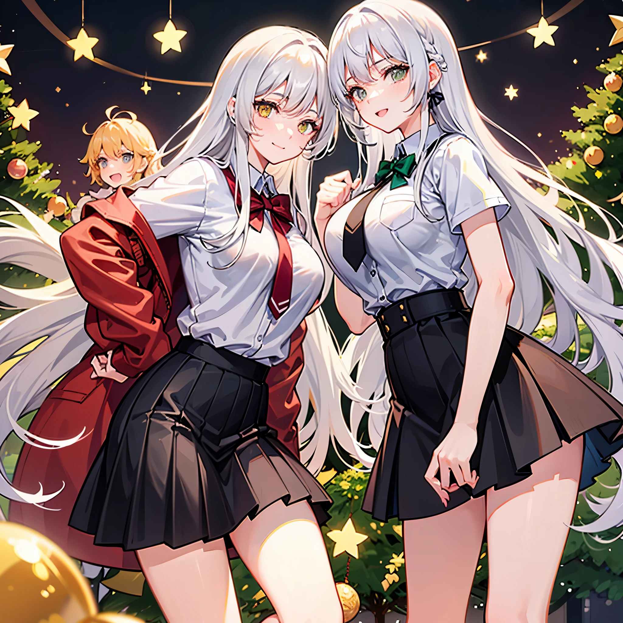white haired young woman, 25 years old, body, golden eyes, long hair,Green braid tied in bows left and right...........big breasts..,, Wear a white school uniform black short skirt.Show underarms..large white chest, Hanging under the Christmas tree with friends, a slight smile on his face.....................