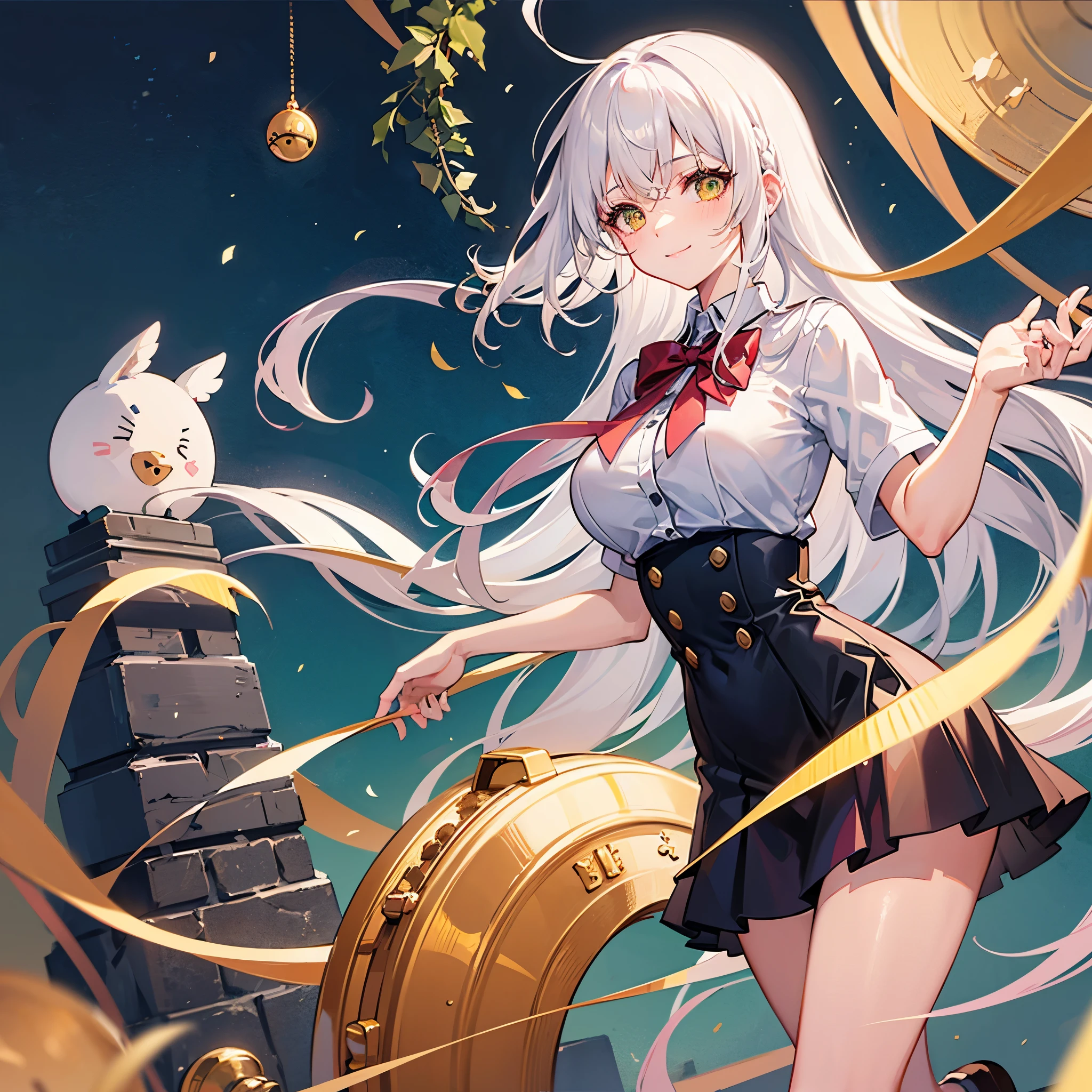white haired young woman, 25 years old, body, golden eyes, long hair,Green braid tied in bows left and right...........big breasts..,, Wear a white school uniform black short skirt.Show underarms..large white chest, Hanging under the Christmas tree with friends, a slight smile on his face.....................