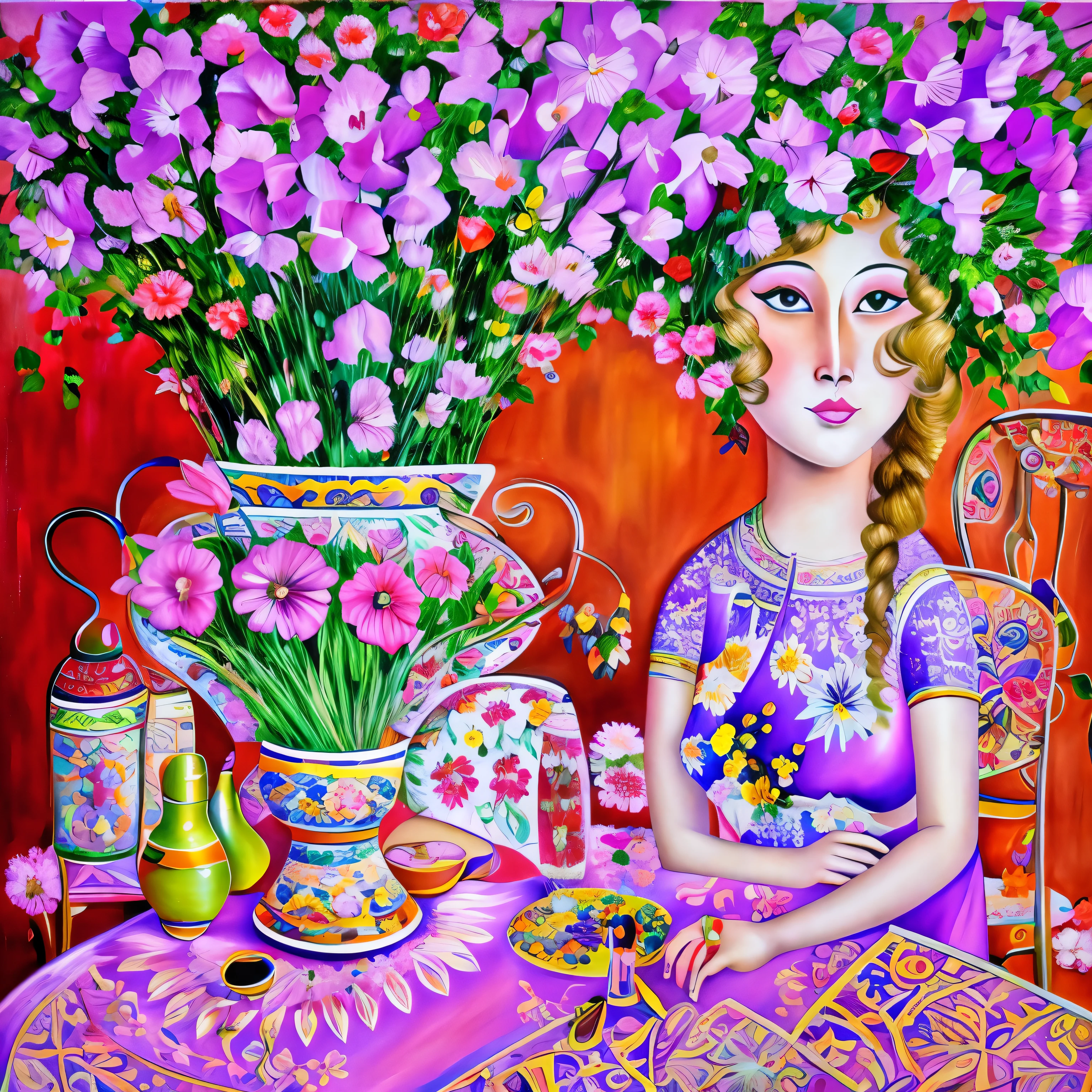 painting of a woman sitting at a table with a vase of flowers, Direction: Nadya Rusheva, Direction: Zofia Stryjenska, Direction: Ksenia Milicevic, Direction: Margit Anna, Direction: Alice Rahon, Direction: Olga Boznańska, por Alice Prin, Direction: Mykola Burachek, Direction: Marie Bashkirtseff