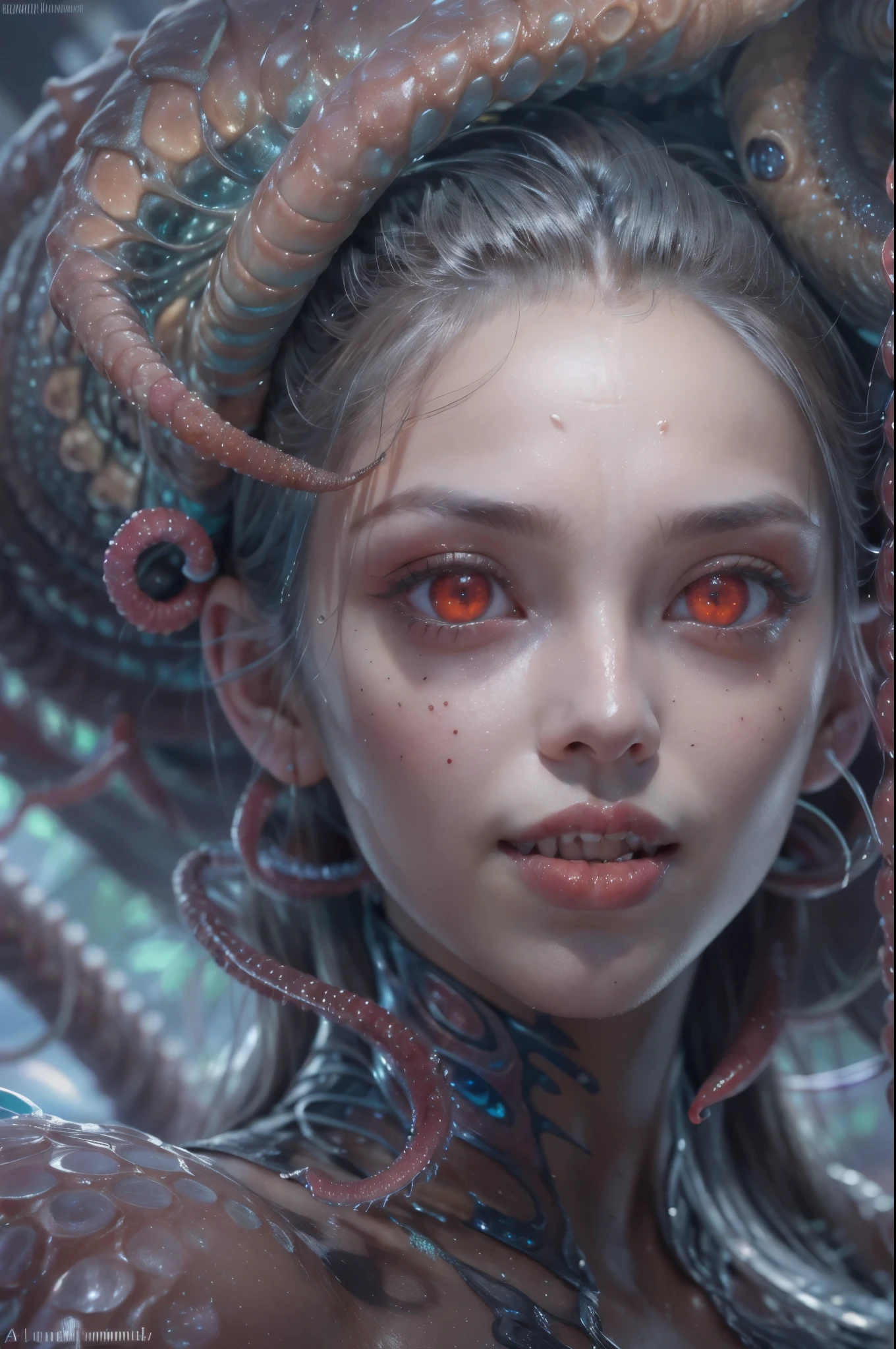 scary and sexy detailed art in color, Portrait, (beautiful and obscene female alien:1.2), (vulgarity1.5), (she has red eyes with no pupils:1.8), (Translucent skin:1.7), (There is a female genital-like organ in the middle of the forehead:1.9), (The most beautiful face in the history of the universe:1.2),an evil gaze that seduces, (large mouth:1.1), (sharp teeth like a vampire:1.2), Full body portrait, (bio luminescent:1.5), (Smile wickedly:1.3), (sexypose:1.5), alien, No humans, cells are fused, (Lots of translucent tentacles:1.3) extraterrestrial, cell, bio image, best quality, 8K,In 4K_quality, High freshness, Dramatic Lighting, masutepiece:1.5,cinematic quality, detail up, (exquisite details:1.2), high resolution, High freshness, drawing faithfully, (Thick eyebrows:1.2), Beautiful eyes with fine symmetry,(Highly detailed face and eyes:1.2), Intimate face, (Super detailed skin quality feeling:1.4), perfect anatomy, (Beautiful toned body:1.5), (Moist skin:1.2), not wearing makeup, (dark circles:1.1), long canines, cinematic drawing of characters, ultra high quality model, cinematic quality, detail up, (exquisite details:1.2), high resolution, High freshness, drawing faithfully, official art, Unity 8K Wall , 8K Portrait, best quality, Very high resolution, ultra detailed artistic photography, midnight aura, unreal engine 5, Ultra Sharp Focus, art by Amano Yoshitaka, ArtGerm, Roisch, intricate artwork, best quality, masterpiece, ultra high resolution, (photos realistic:1.4), ultra realistic realism, dream-like, nautilus, Creation of fantasy, Snail, Dream Snail, (biopunk nautilus:1.3),Thrilling color schemes, ultra realistic realism, seductively smiling, Blue tentacles,