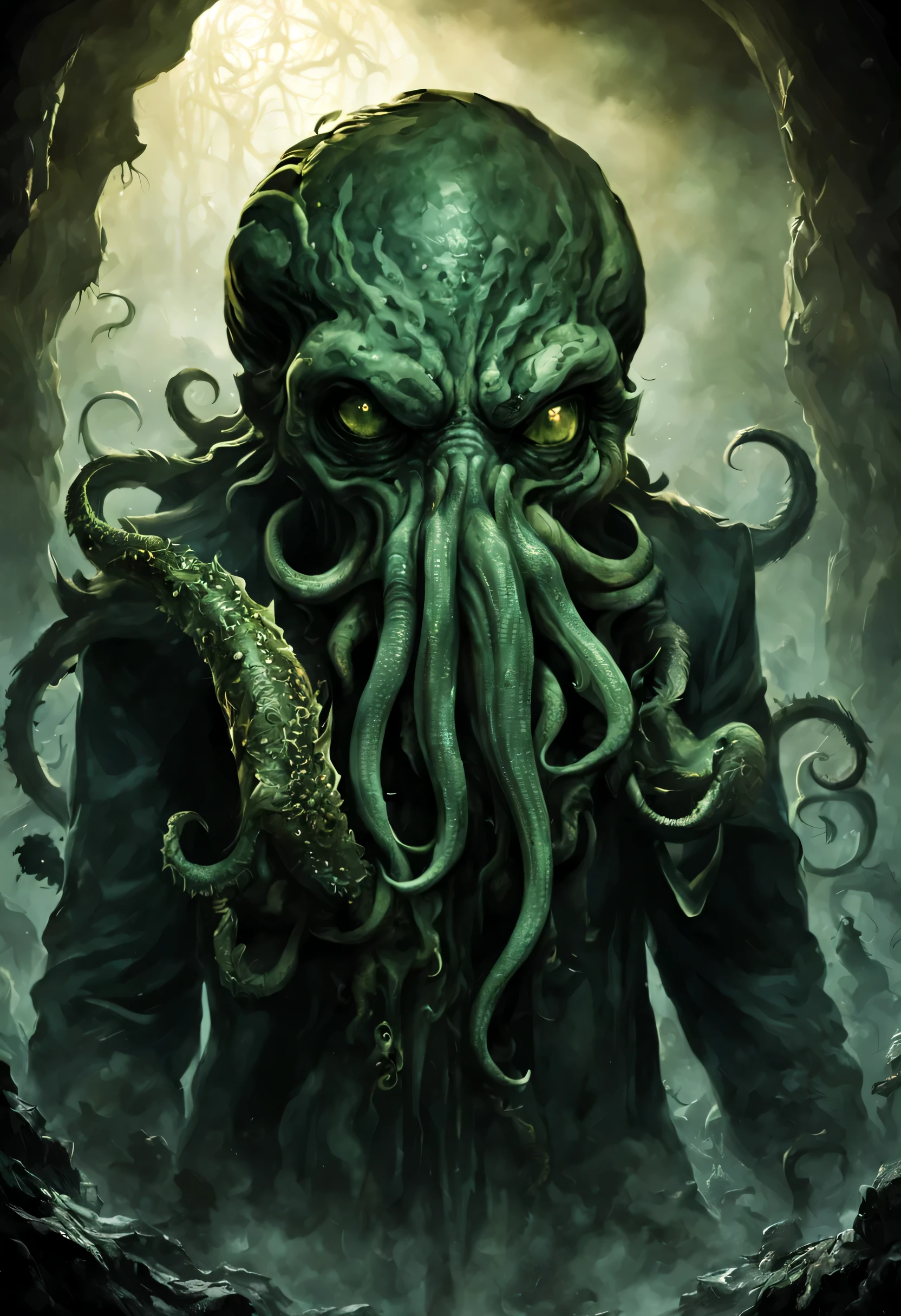 There is only one word to describe this son of Cthulhu and it is “horrible”. Apenas alguien se encuentra ante su inmensa presencia, madness takes over his body, completely petrifying him or even killing him.. The only way to see him without suffering any damage is through a distorted image that makes him look less creepy., so any attempt to represent this creature will be in vain.