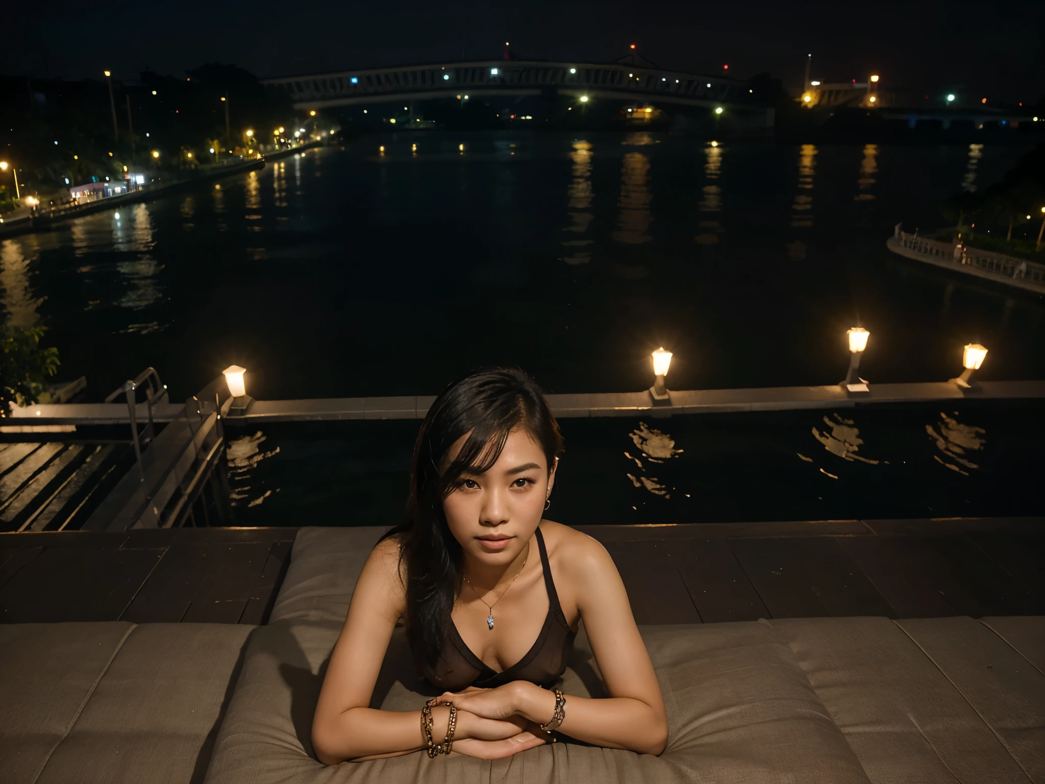 Chao Phraya River Bridge beauty at night Young people back then wore nothing but jewelry. ((Lie down with one leg raised. Put your hands on your thighs and chest.))