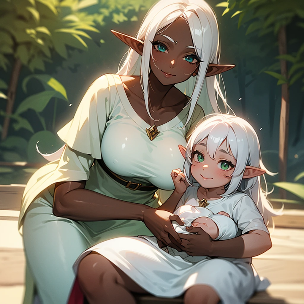 (((I want an elf woman with dark skin, green eyes and white hair, holding her baby on her lap, wearing a white dress and on her face a sweet smile)))