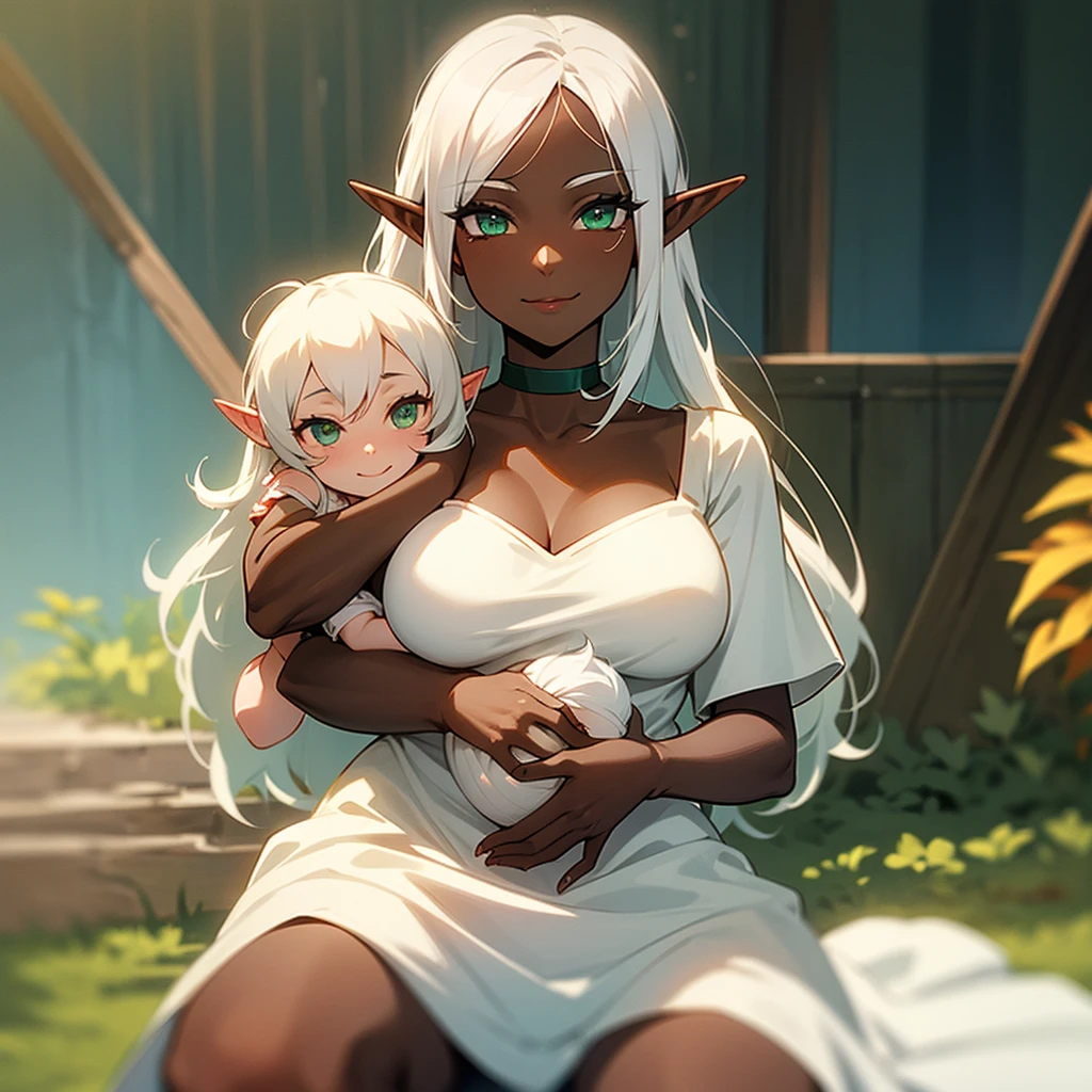 (((I want an elf woman with dark skin, green eyes and white hair, holding her baby on her lap, wearing a white dress and on her face a sweet smile)))