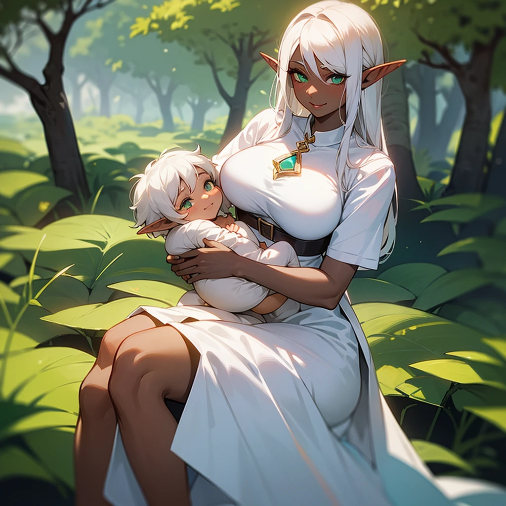 (((I want an elf woman with dark skin, green eyes and white hair, holding her baby on her lap, wearing a white dress and on her face a sweet smile)))
