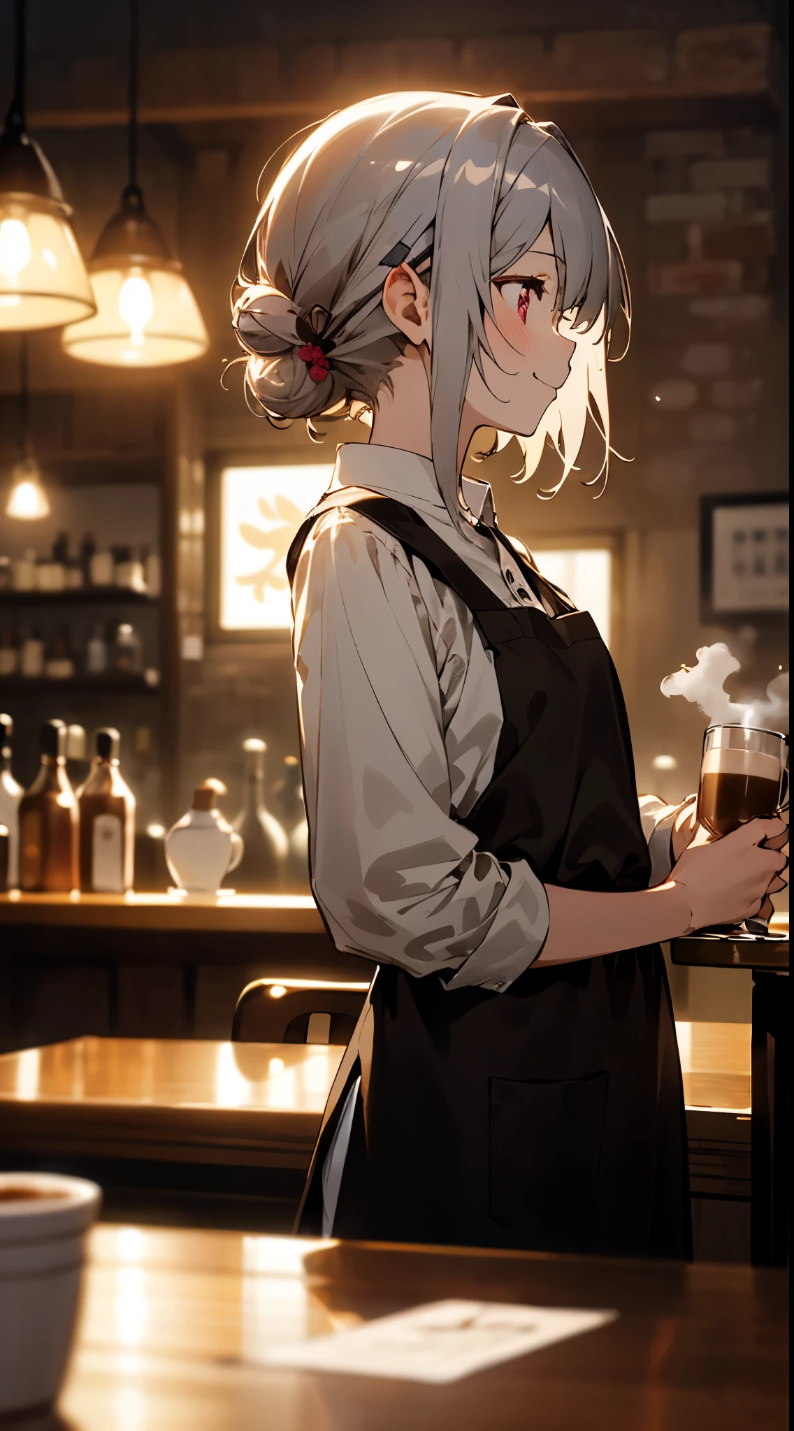 (masterpiece), best quality,  a girl working on a  coffe shop, she she is making coffe in a machine, making coffe, perfect face, expressive eyes, brown apron, coffe shop from inside, tied hair,Blue eyes, cute girl, cozy, (night), realistic, 4k, intricate, detailed, vase flower, cozy lights, perfect lighting, traced light, warm colors, chairs an tables, everyday life, modern, elegant, (relaxing atmosphere), peaceful, aromatic,happy,happyness, (white hair), white shirt, bartender, soft, brown hairband, humble,delicate, gentle, night, contrast, vivid colors, bokeh, (perfect coffe machine), espresso, (soft), glow, glowing eyes

BREAK she is making coffe, there is a table on the left side with cups, there is a coffe machine in the table, steam is lefting the cup, delicious coffe
, Cmyth,