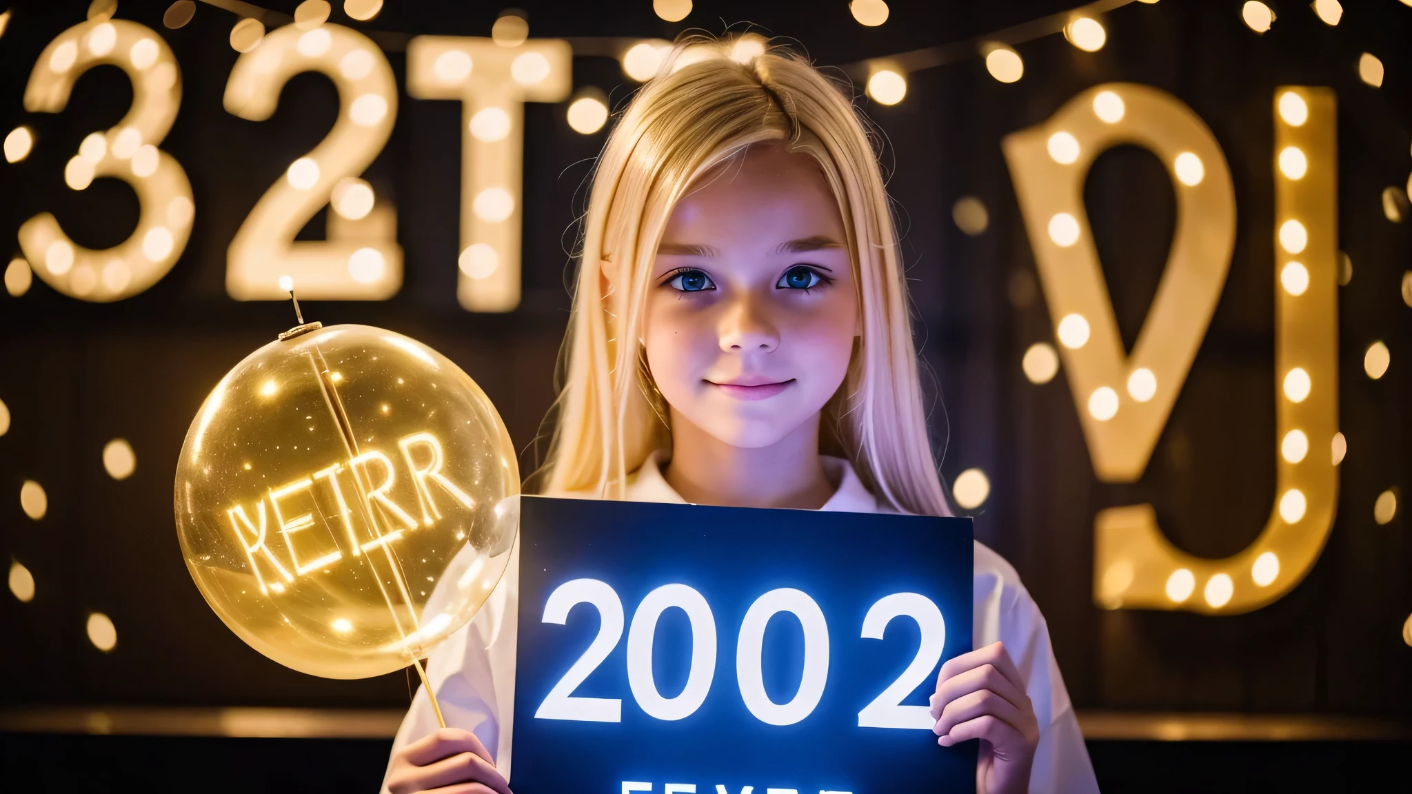 KIDS BLONDE holding a lighted sign that says 202, photo from 2022, 2 0 2 4, 2024, year 2447, circa the year 2994, 2 0 2 2 photo, 2049, 2045, 2 , new years eve