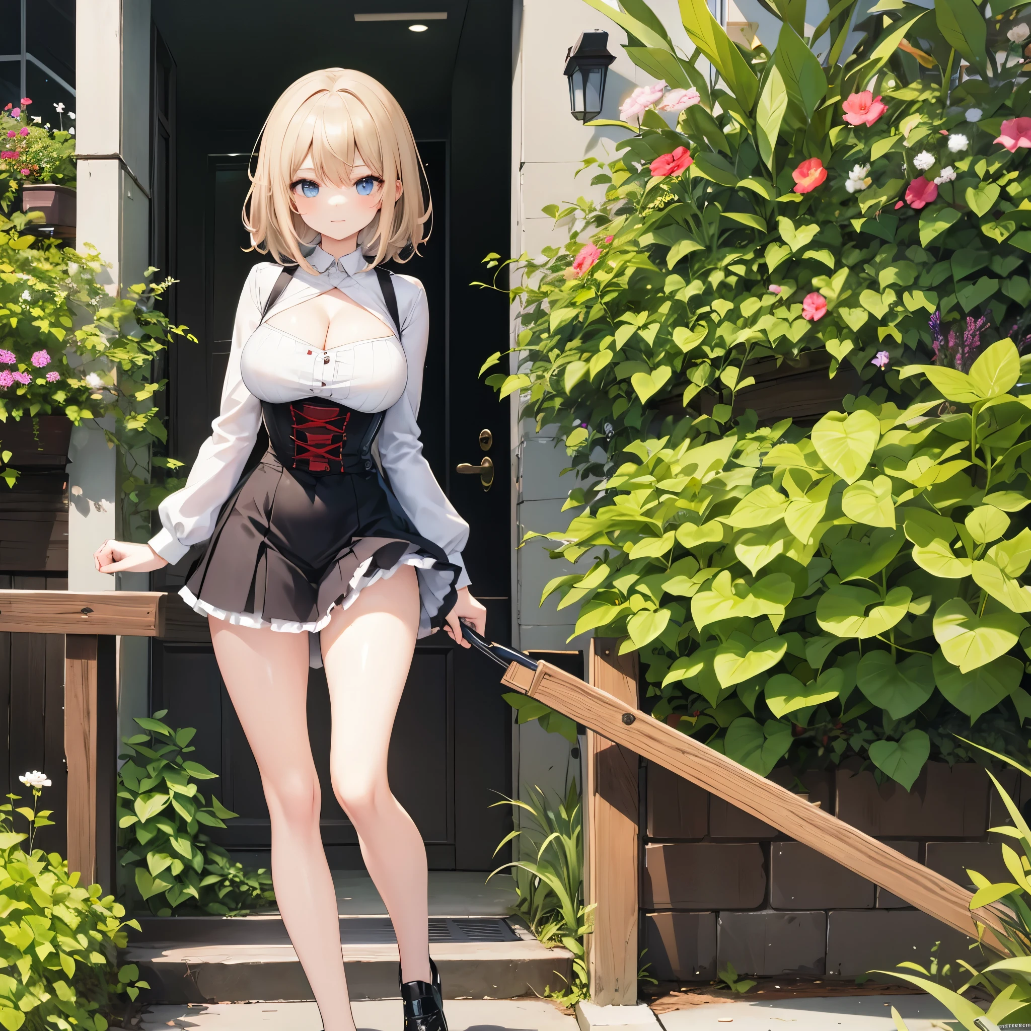 1 girl standing, wiry corset, inconceivably thin waist, too short miniskirt, thin long legs apart, open long legs, (large breasts), cleavage
