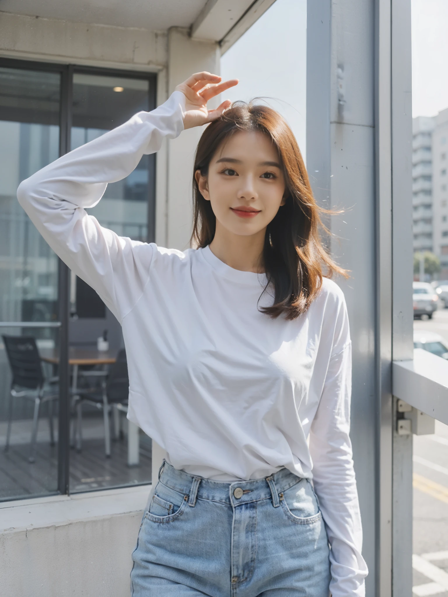 Woman standing on the balcony，open arms, Sleek white skintight suit, Woman wearing white t-shirt and jeans posing for photo，tight tshirt，tight white shirt，Nice white shirt, long sleeve t-shirt, business attire，round face，formal shot，medium，a 20 year old girl