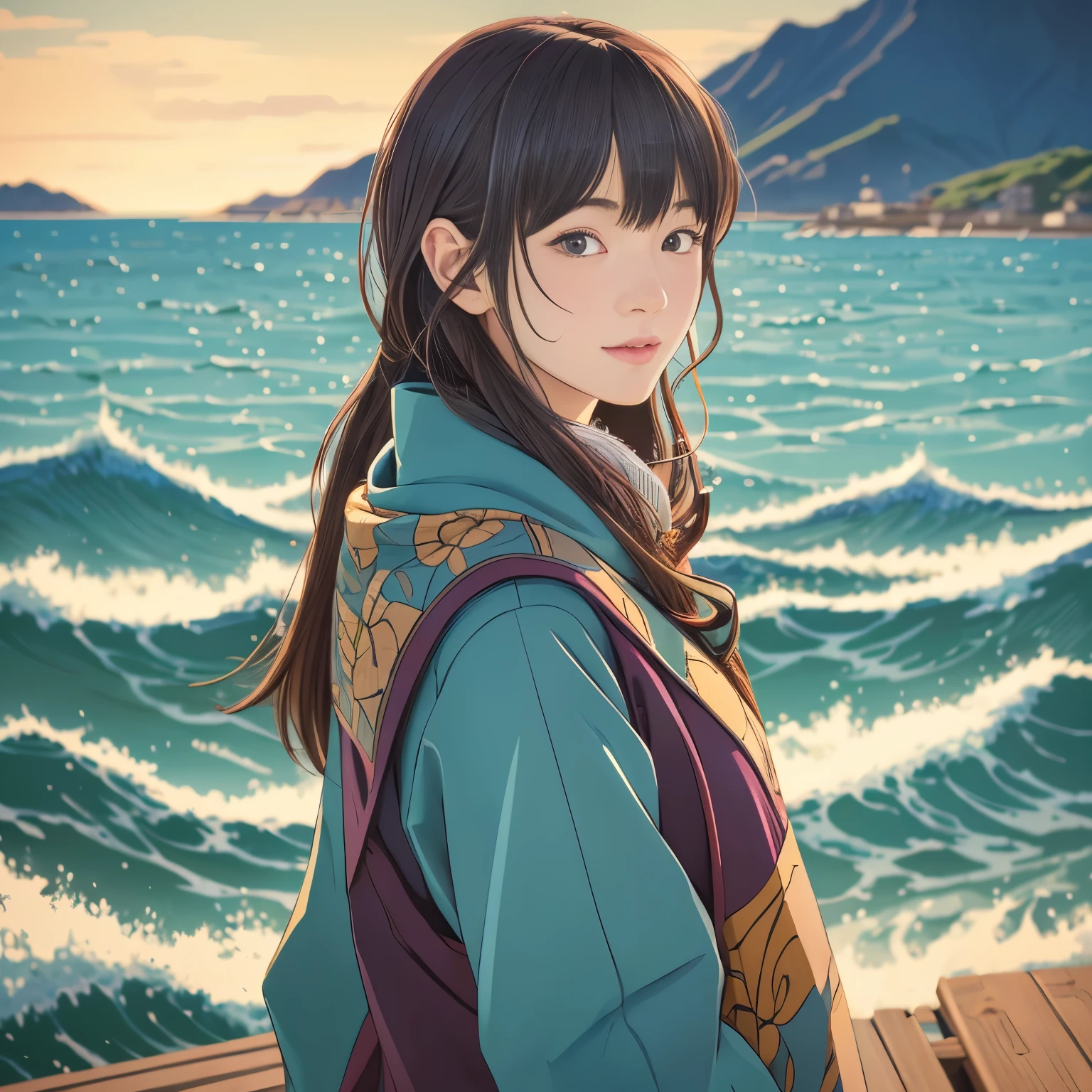 (best quality,4k,8k,highres,masterpiece:1.2),ultra-detailed,photorealistic:1.37,illustration style,ukiyo-e,Showa anime,women facing towards the viewer,Japanese,background with the morning sun shining,new Makoto Shinkai style,winter season,view of the sea in the distance