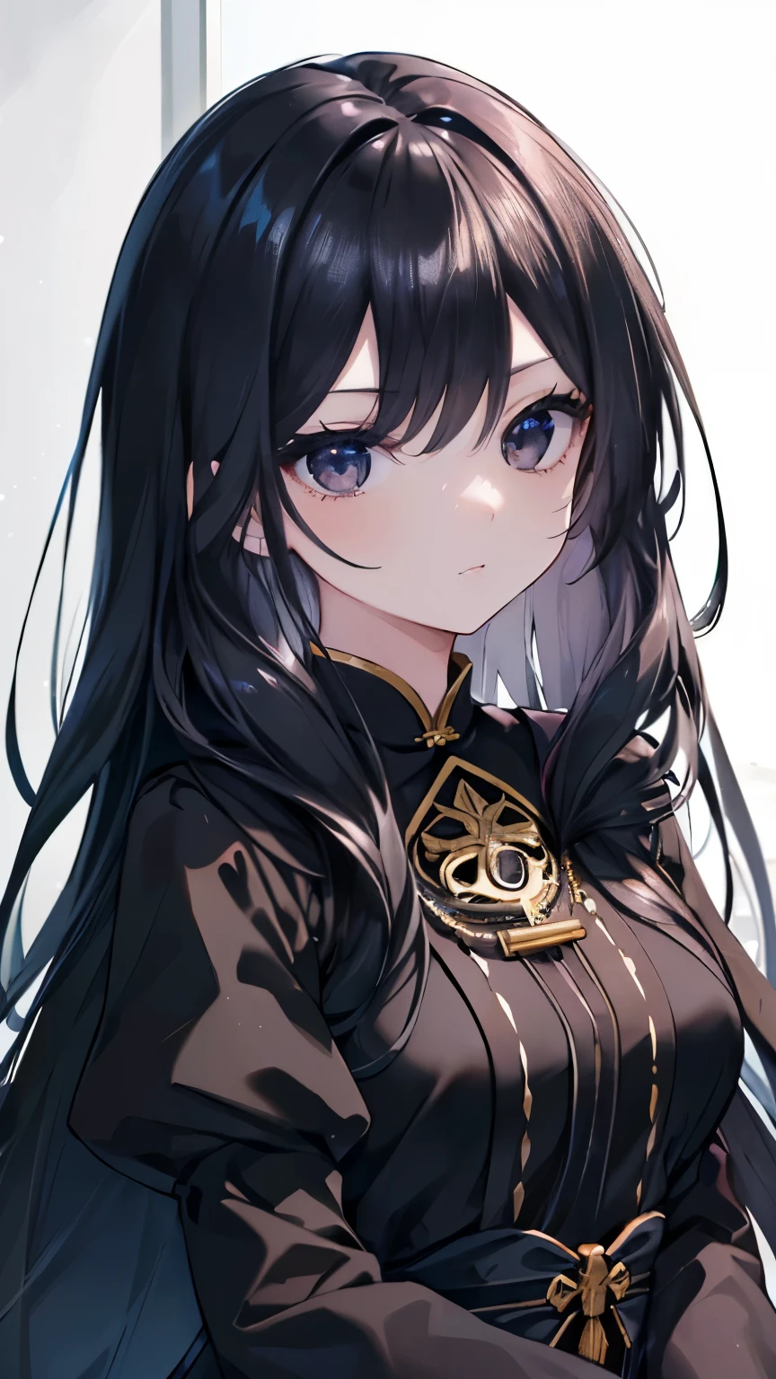 (muste piece), (best quality), very detailed, 1 girl,solo whole body focus,perfect face, beautiful face, very detailed顔,(black long hair:1.3),(Jet black eyes:1.4),(long eyelashes:1.3),(shine長いイヤリング:1.4),Sparkling,Shiny,gem,Light,shine,race,Fluffy,gothic dress