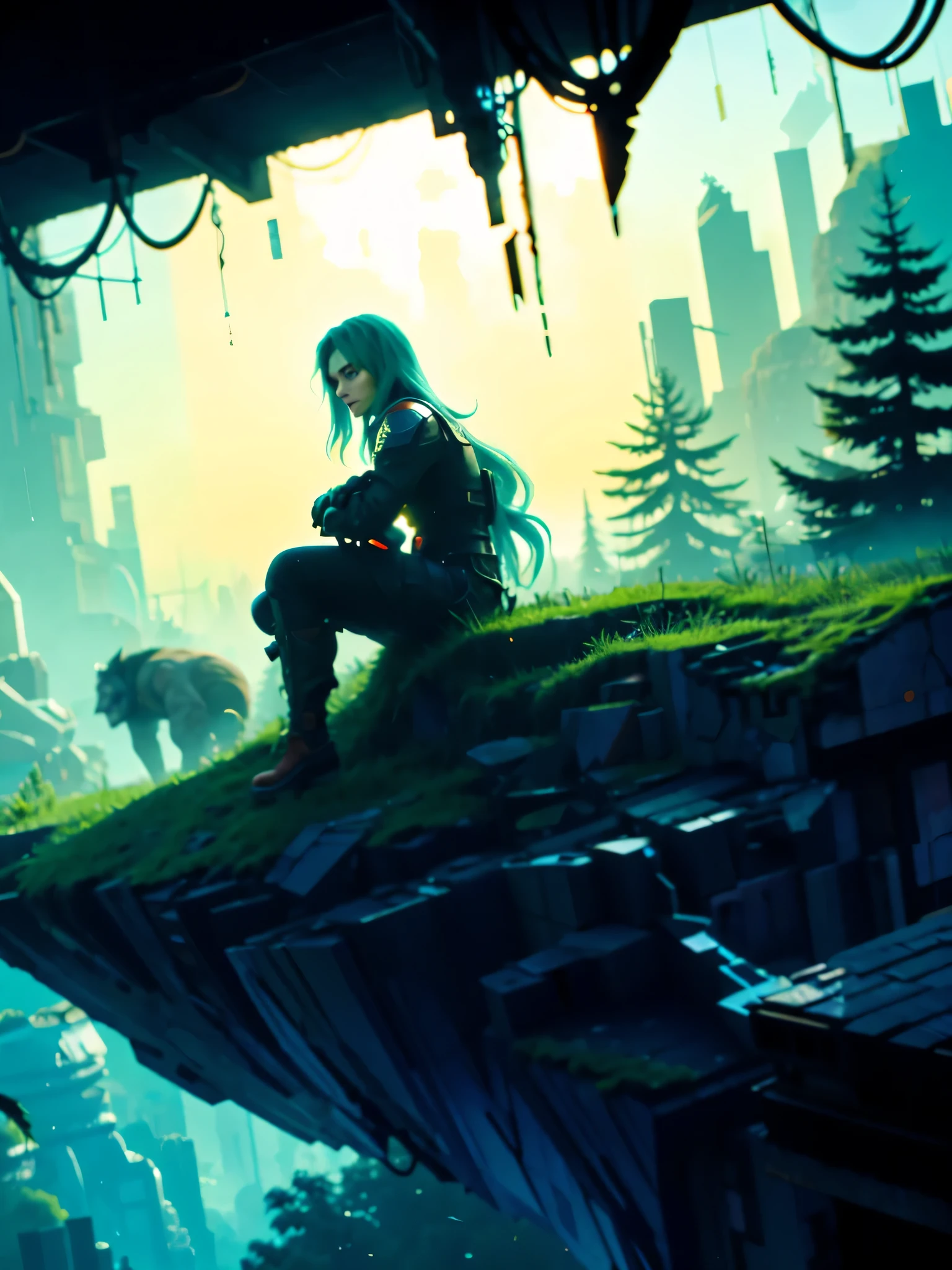 Cyberpunk, broken, there is a dense primeval forest with a lot of vintage house building pictures, cyberpunk, broken, there are a lot of stones, green lush forest background, thick tree background, large meadow, arena background, game background, exaggerated forest background, cartoon style