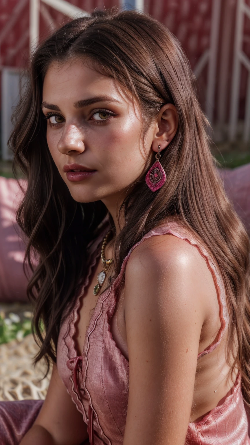 Wavy brown hair, (RAW photo, realism: 1.8), (very dark lip gloss, jet pink lipstick, many eyelashes, dark black eye shadow, shy, blushing, high quality, high resolution, depth of field, chromatic aberration, caustic, wide light, natural colors, 20 year old woman), ornament on nose, necklaces, chokers, earrings, bracelets, wear many accessories, style A good woman,l, silk pink shirt, upper body, beautiful skin, lots of exposure, very  line, looks delicious, lips that make you want to kiss, scruffy futon, sunflower farm field, golden sun in background, 