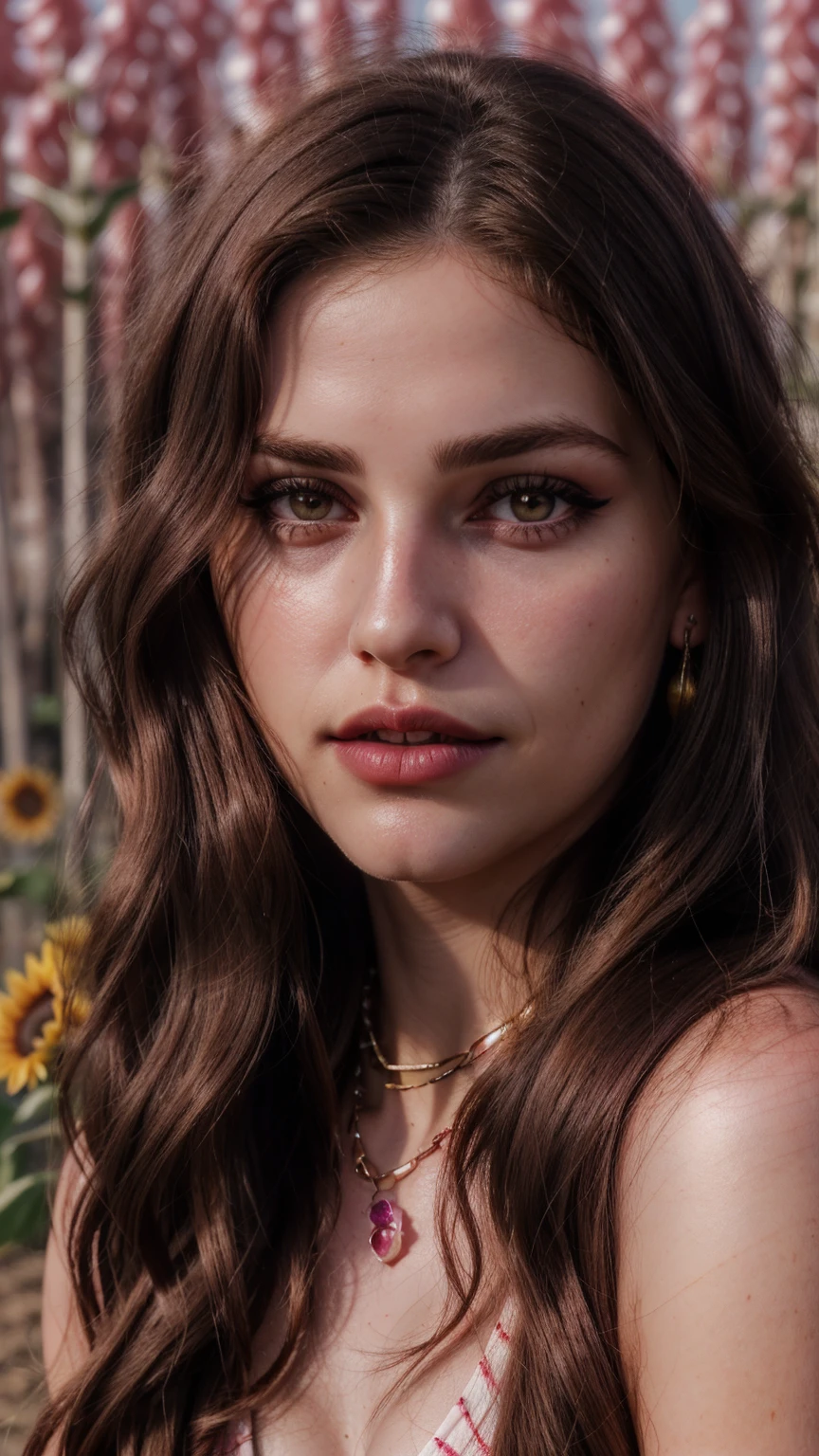 Wavy brown hair, (RAW photo, realism: 1.8), (very dark lip gloss, jet pink lipstick, many eyelashes, dark black eye shadow, shy, blushing, high quality, high resolution, depth of field, chromatic aberration, caustic, wide light, natural colors, 20 year old woman), ornament on nose, necklaces, chokers, earrings, bracelets, wear many accessories, style A good woman,l, silk pink shirt, upper body, beautiful skin, lots of exposure, very line, looks delicious, lips that make you want to kiss, scruffy futon, sunflower farm field, golden sun in background,