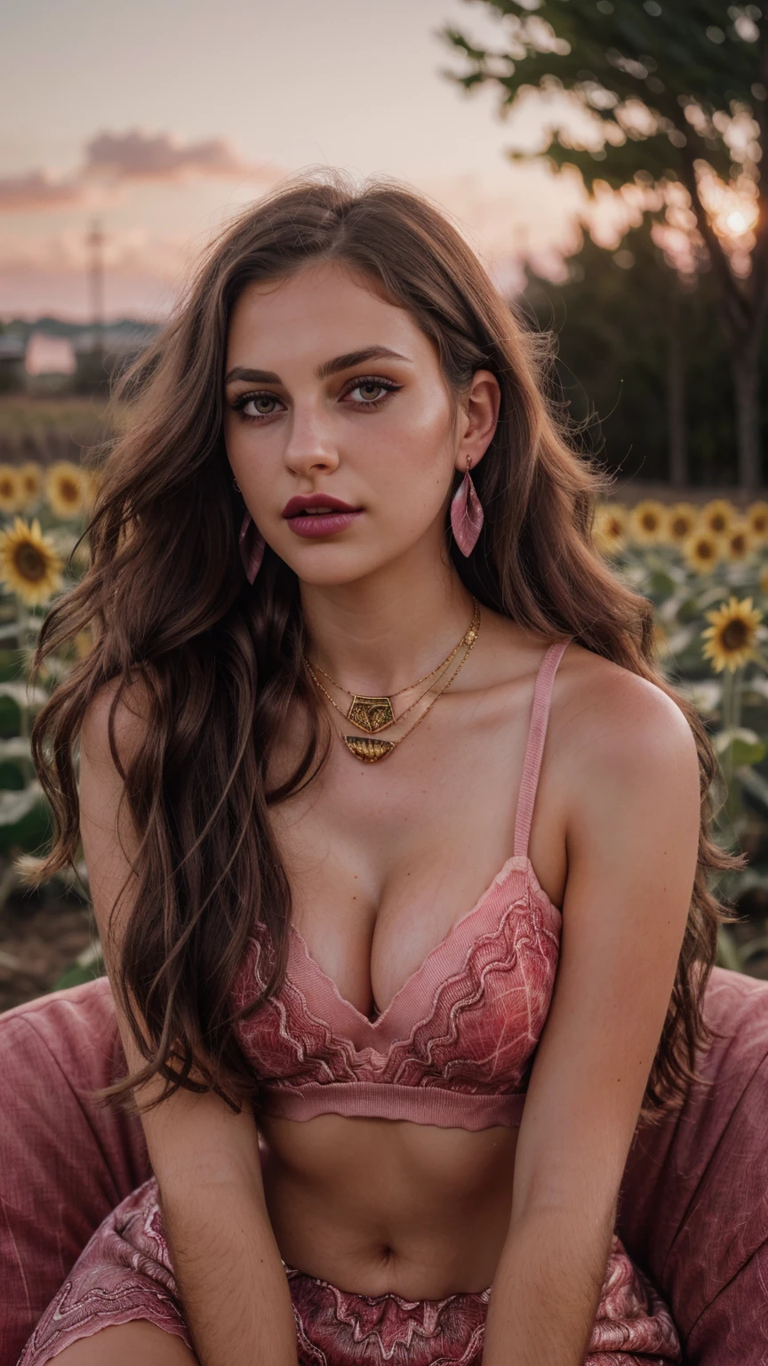 Wavy brown hair, (RAW photo, realism: 1.8), (very dark lip gloss, jet pink lipstick, many eyelashes, dark black eye shadow, shy, blushing, high quality, high resolution, depth of field, chromatic aberration, caustic, wide light, natural colors, 20 year old woman), ornament on nose, necklaces, chokers, earrings, bracelets, wear many accessories, style A good woman,l, silk pink shirt, upper body, beautiful skin, lots of exposure, very line, looks delicious, lips that make you want to kiss, scruffy futon, sunflower farm field, golden sun in background,