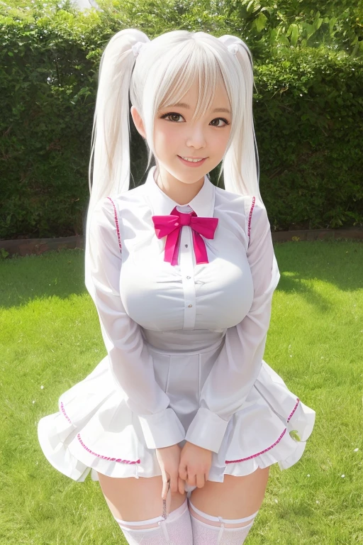 high school uniform、big breasts、アニメbig breasts、obscenely large breasts、blouse with breast bags、There is a milk bag:1.9、white blouse、水に濡れてtransparent blouse:1.9、transparent blouse:1.9、Sheer blouse、bra with pink decoration、voluminous twintails、smile、white fishnet tights、full body shot、Detailed panties with embellishments、short pleated skirt、focus on crotch、angle from below、show off your panties、show off panties、ta