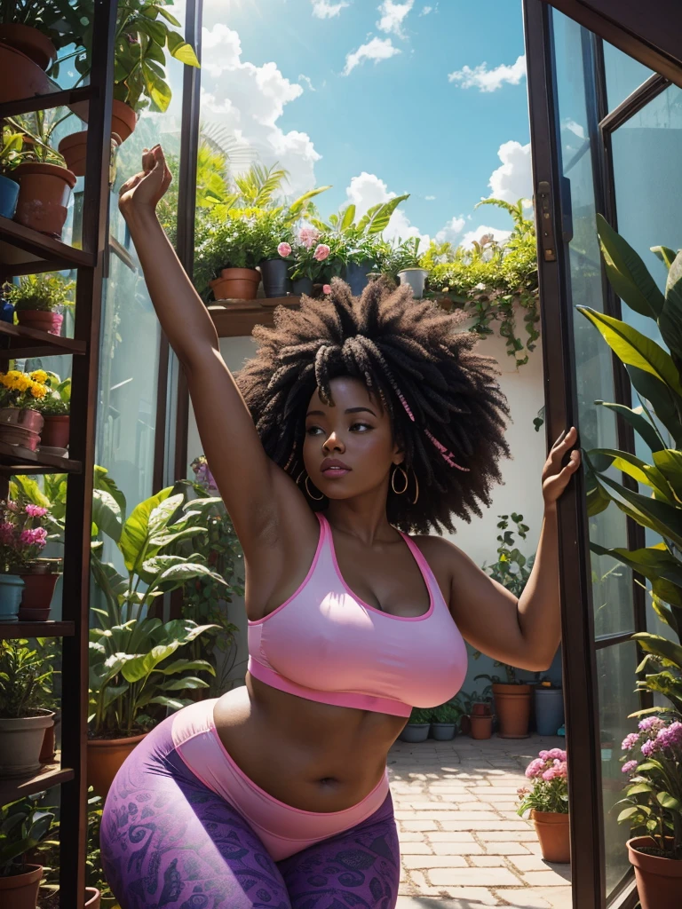 In a hyper realistic vibrant image of a curvy African American woman finding peace in her garden-like studio, doing a yoga pose. Her studio has urban artwork around her. the room has bursting flowers and plants and candles. She is in a healing mind state. She has long curly kinky hair, with voluptuous full lips. outside her studio, through the window it's futuristic, neon lights and chaotic.