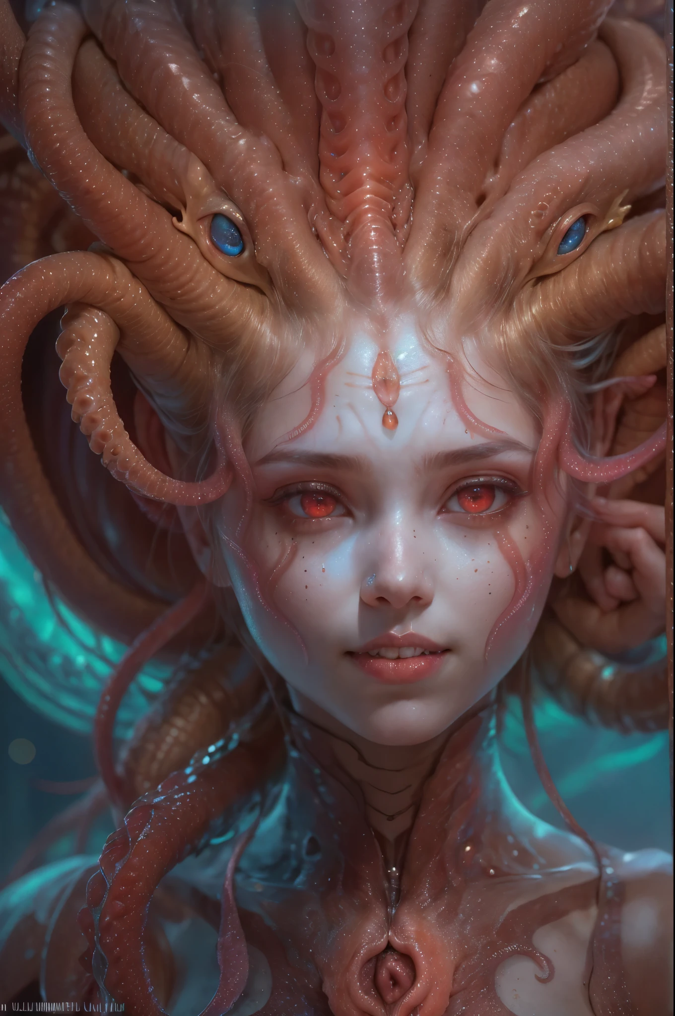 scary and sexy detailed art in color, Portrait, (beautiful and obscene female alien:1.4), (vulgarity1.5), (she has red eyes with no pupils:1.8), (Translucent skin:1.7), (There is a female genital-like organ in the middle of the forehead:1.9), (The most beautiful face in the history of the universe:1.2),an evil gaze that seduces, (large mouth:1.1), (sharp teeth like a vampire:1.2), Full body portrait, (bio luminescent:1.5), (Smile wickedly:1.3), (sexypose:1.5), alien, No humans, cells are fused, (Lots of translucent tentacles:1.3) extraterrestrial, cell, bio image, best quality, 8K,In 4K_quality, High freshness, Dramatic Lighting, masutepiece:1.5,cinematic quality, detail up, (exquisite details:1.2), high resolution, High freshness, drawing faithfully, (Thick eyebrows:1.2), Beautiful eyes with fine symmetry,(Highly detailed face and eyes:1.2), Intimate face, (Super detailed skin quality feeling:1.4), perfect anatomy, (Beautiful toned body:1.5), (Moist skin:1.2), not wearing makeup, (dark circles:1.1), long canines, cinematic drawing of characters, ultra high quality model, cinematic quality, detail up, (exquisite details:1.2), high resolution, High freshness, drawing faithfully, official art, Unity 8K Wall , 8K Portrait, best quality, Very high resolution, ultra detailed artistic photography, midnight aura, unreal engine 5, Ultra Sharp Focus, art by Amano Yoshitaka, ArtGerm, Roisch, intricate artwork, best quality, masterpiece, ultra high resolution, (photos realistic:1.4), ultra realistic realism, dream-like, nautilus, Creation of fantasy, Snail, Dream Snail, (biopunk nautilus:1.3),Thrilling color schemes, ultra realistic realism, seductively smiling, Blue tentacles,
