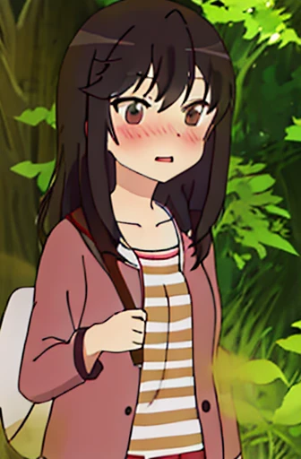 best quality, masterpiece, highres, solo, {ichijou_hotaru_nonnonbiyori:1.15}, black_hair, long_hair, brown_eyes, blush, brown_hair, 1girl, shirt, striped, striped_shirt, anime_coloring, bangs, collarbone, open_mouth, upper_body, cardigan,women stink、Attack with farts、chies、shyness